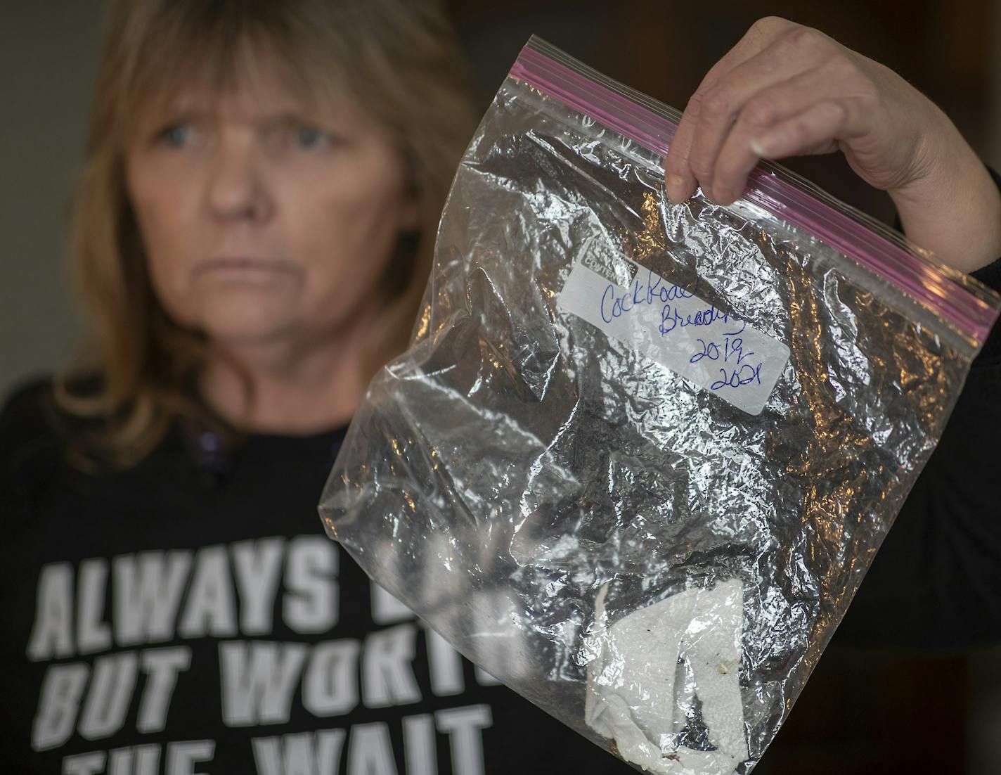 Michelle Doran showed the bag full of roaches she captured in her apartment that she took to a recent city hall meeting, Wednesday, January 29, 2020 in New Brighton, MN. ] ELIZABETH FLORES &#x2022; liz.flores@startribune.com