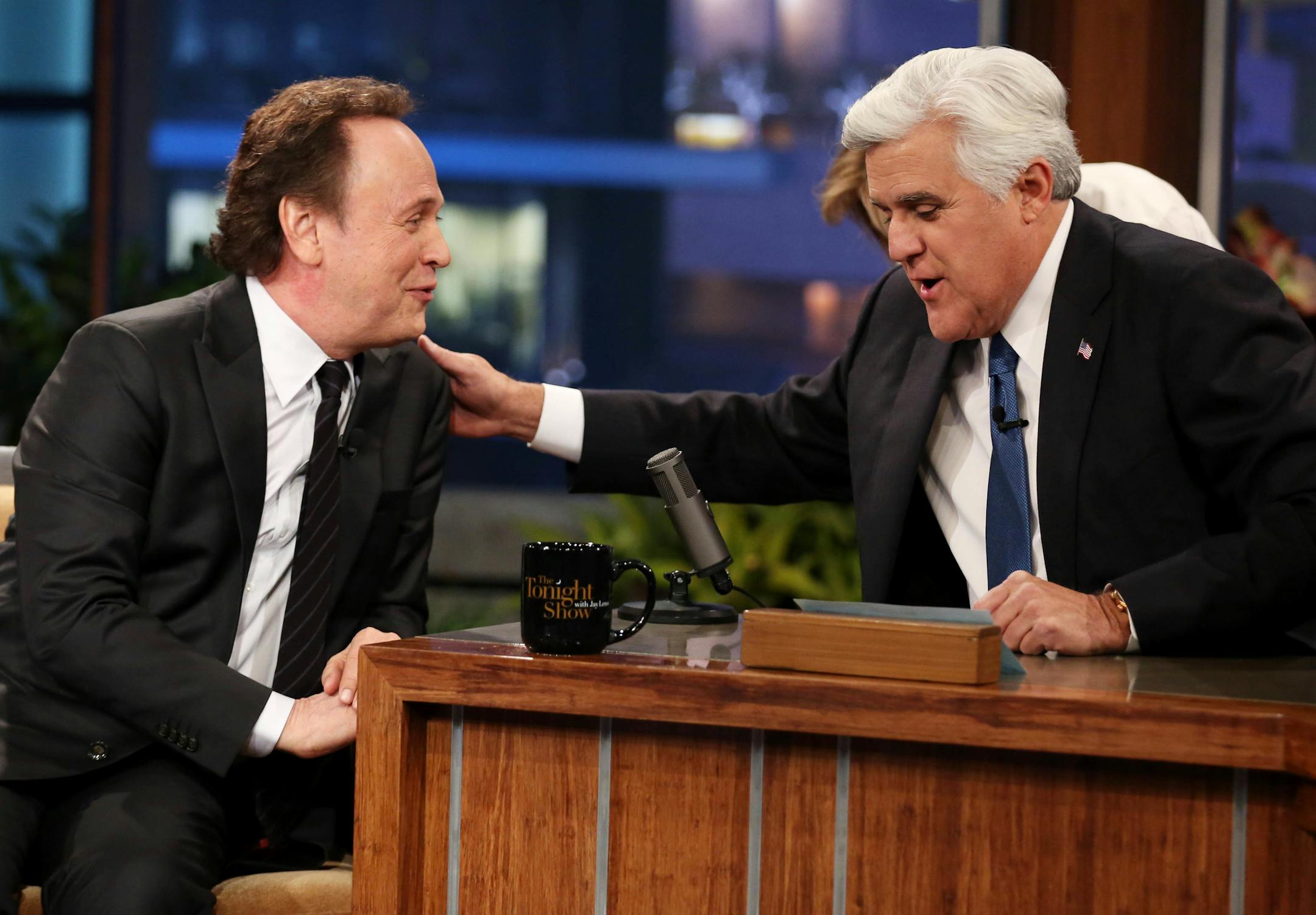 Jay Leno, right, and Billy Crystal appear during the final taping of NBC's "The Tonight Show with Jay Leno," in Burbank, Calif., Thursday, Feb. 6, 2014.
