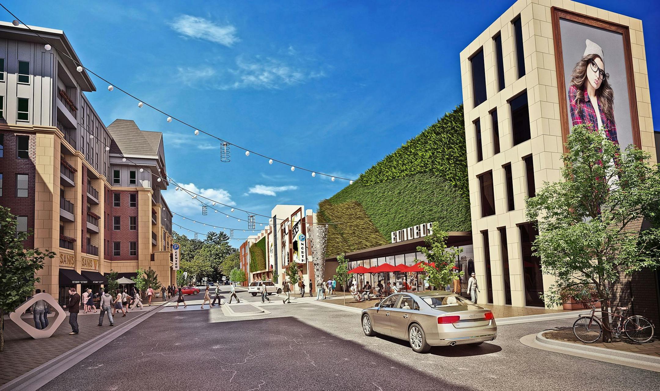 A rendering of the Buhl Investors/Saturday Properties redevelopment, viewed looking west to W. 49th 1-2 Street. The proposal features an apartment complex, expanded parking structures and surface-level retail.