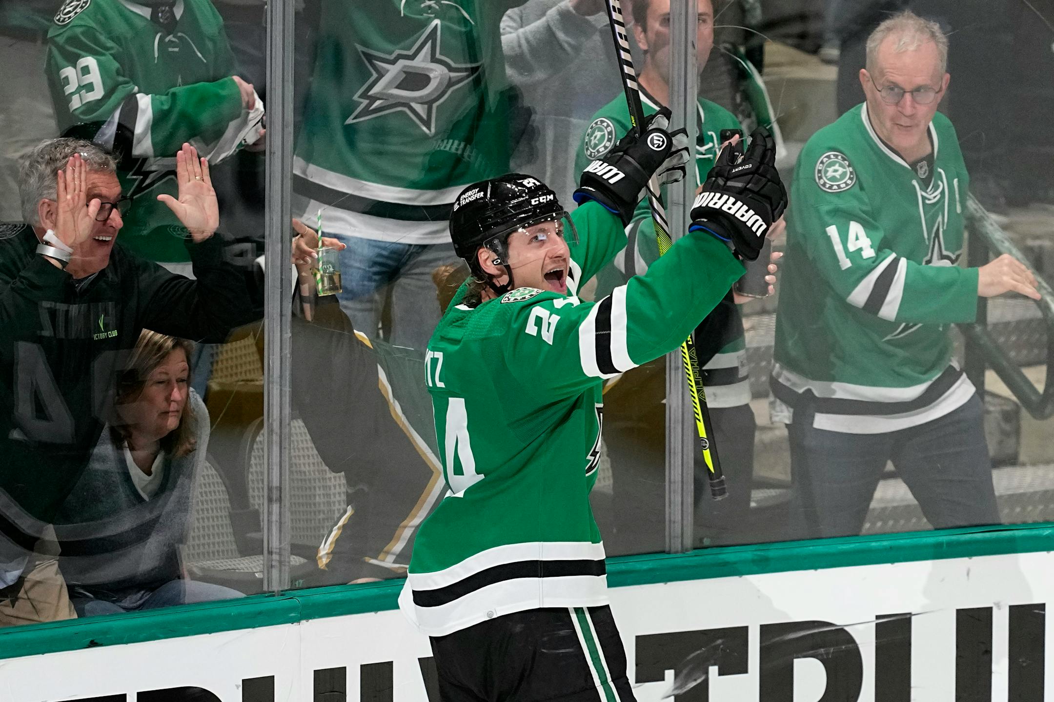 Dallas Stars center Roope Hintz celebrates after scoring his third goal of the game that came in the third period of Game 2 of an NHL hockey Stanley Cup first-round playoff series against the Minnesota Wild Wednesday night in Dallas.