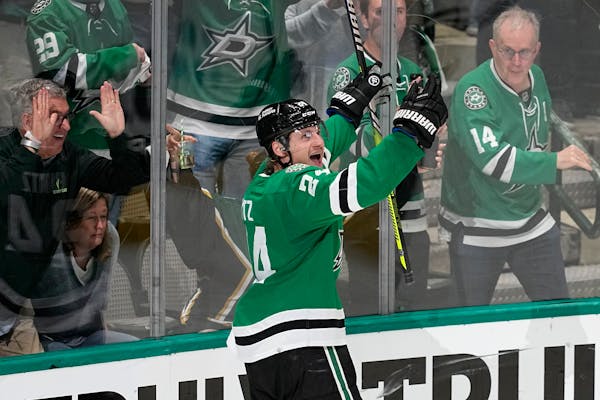Dallas Stars center Roope Hintz celebrates after scoring his third goal of the game that came in the third period of Game 2 of an NHL hockey Stanley C