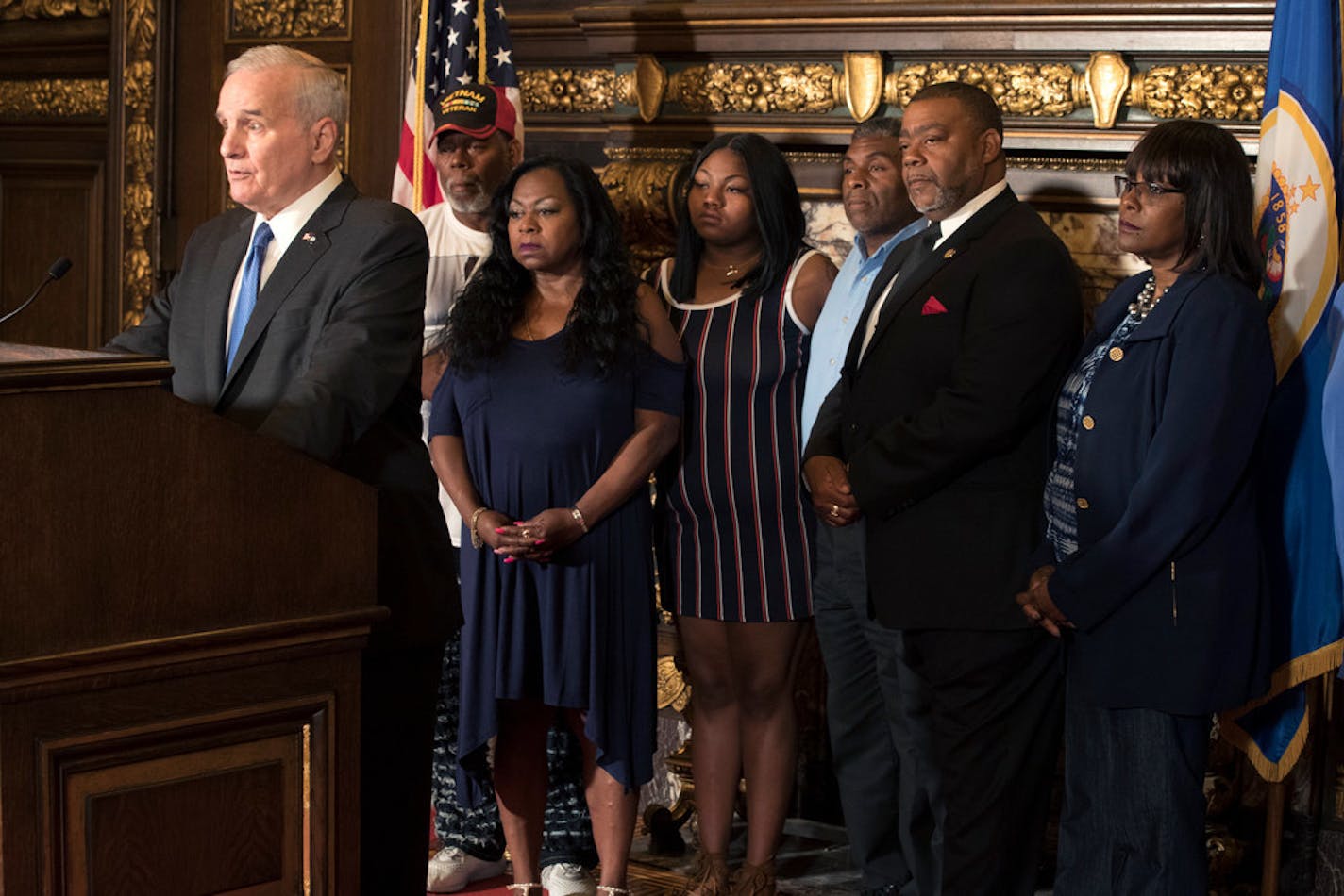 Minnesota Gov. Mark Dayton, with members of Philando Castile's family, spoke Thursday about a $12 million state police training fund that he wants to name after Castile.