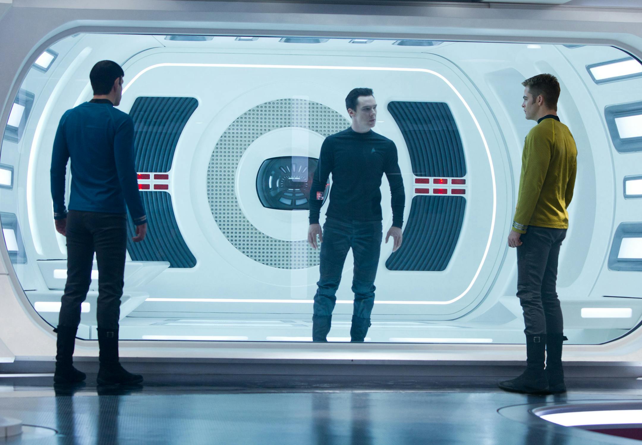 Zachary Quinto, benedict Cumberbatch and Chris Pine in "Star Trek Into Darkness"