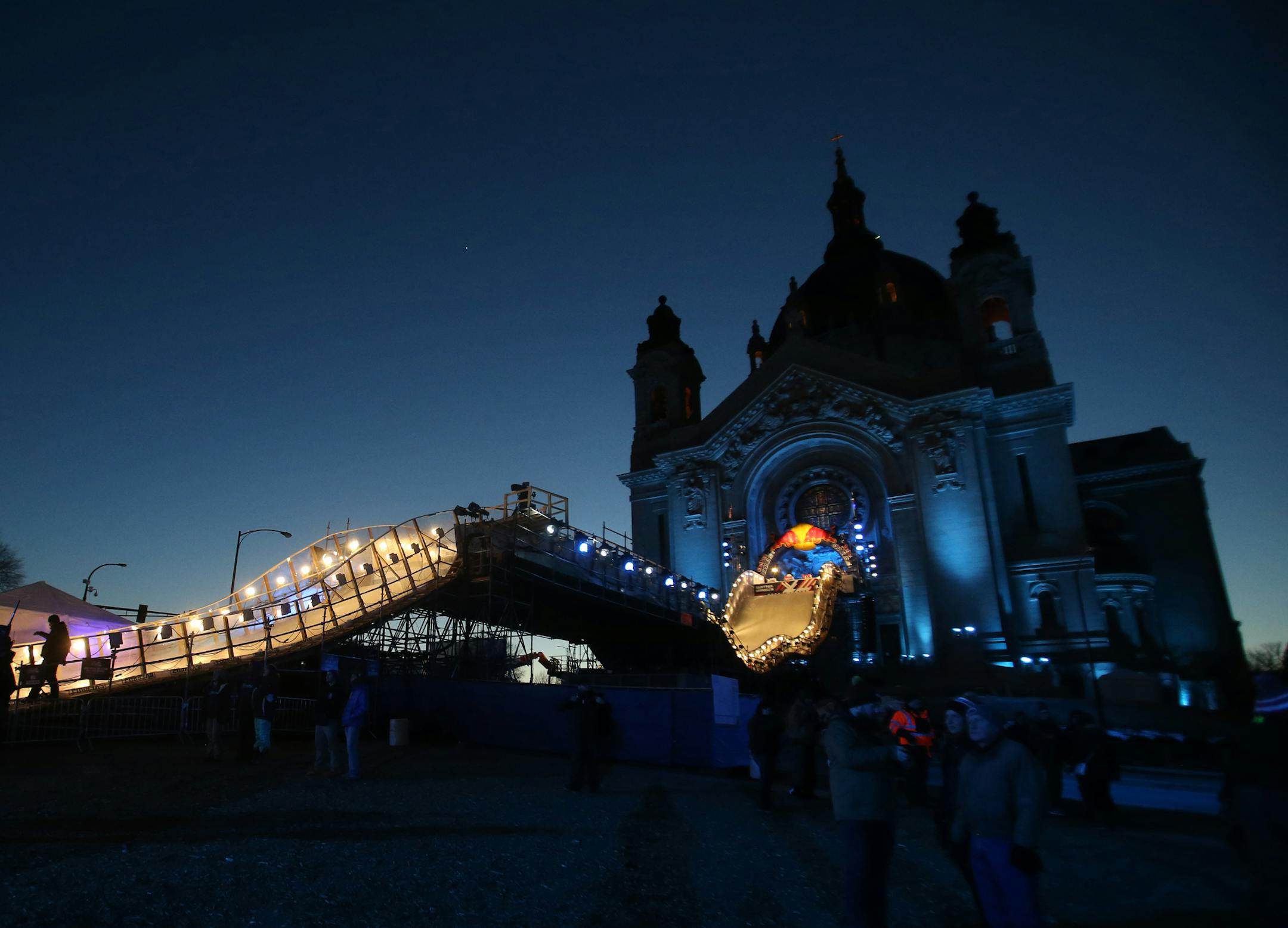The Cathedral of Saint Paul is bathed in light before the start of the Red Bull Crashed Ice 2017: Saint Paul Friday, Feb. 3, 2017, in St. Paul, MN.] DAVID JOLES • david.joles@startribune.com Red Bull Crashed Ice 2017: Saint Paul**Terry Nordberg ,cq