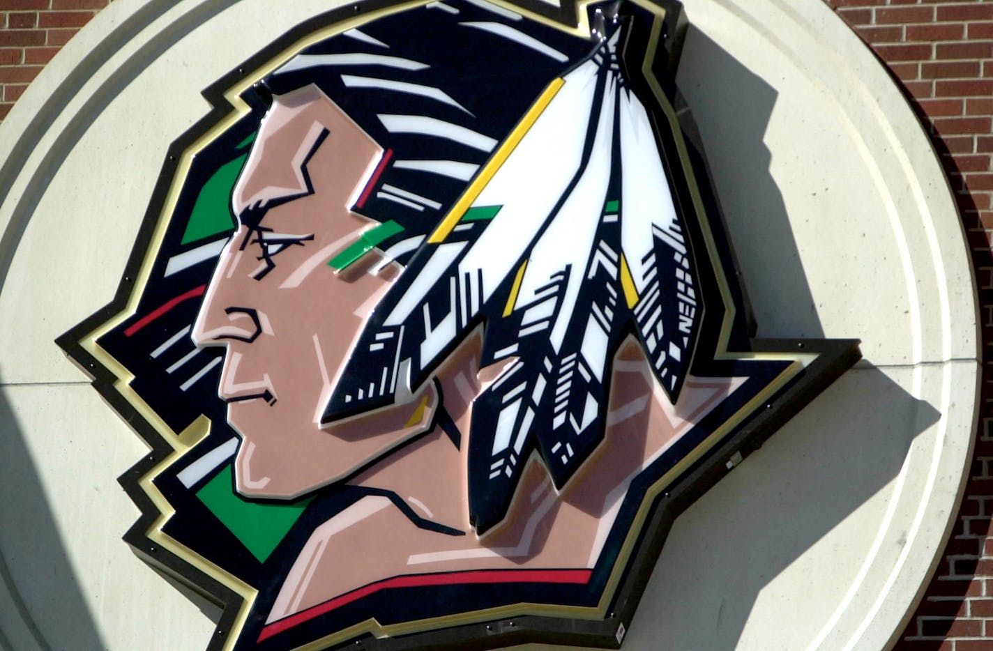 The Fighting Sioux logo is pervasive at the University of North Dakota's hockey arena.