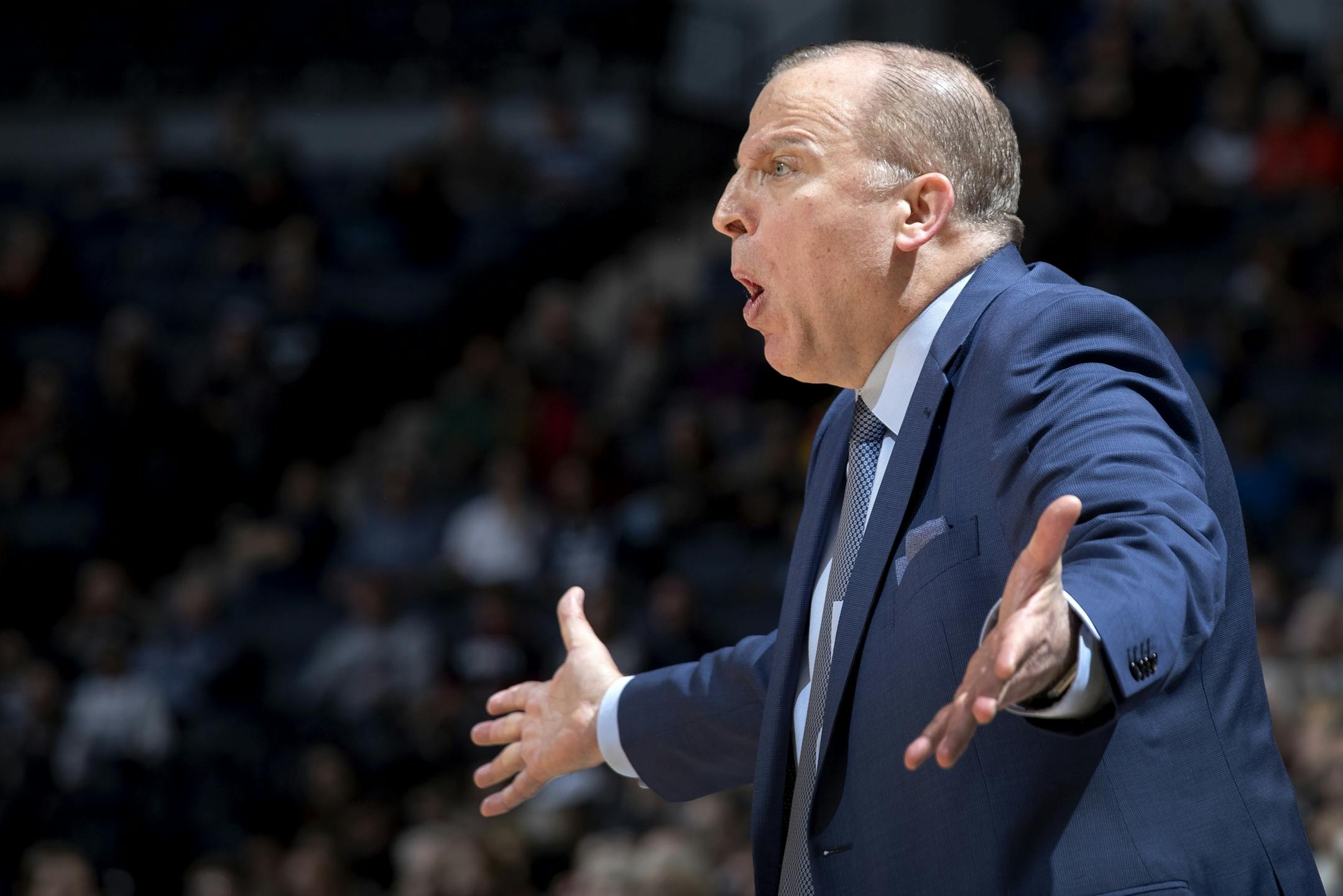 Timberwolves head coach Tom Thibodeau reacted to a foul call in the second quarter.