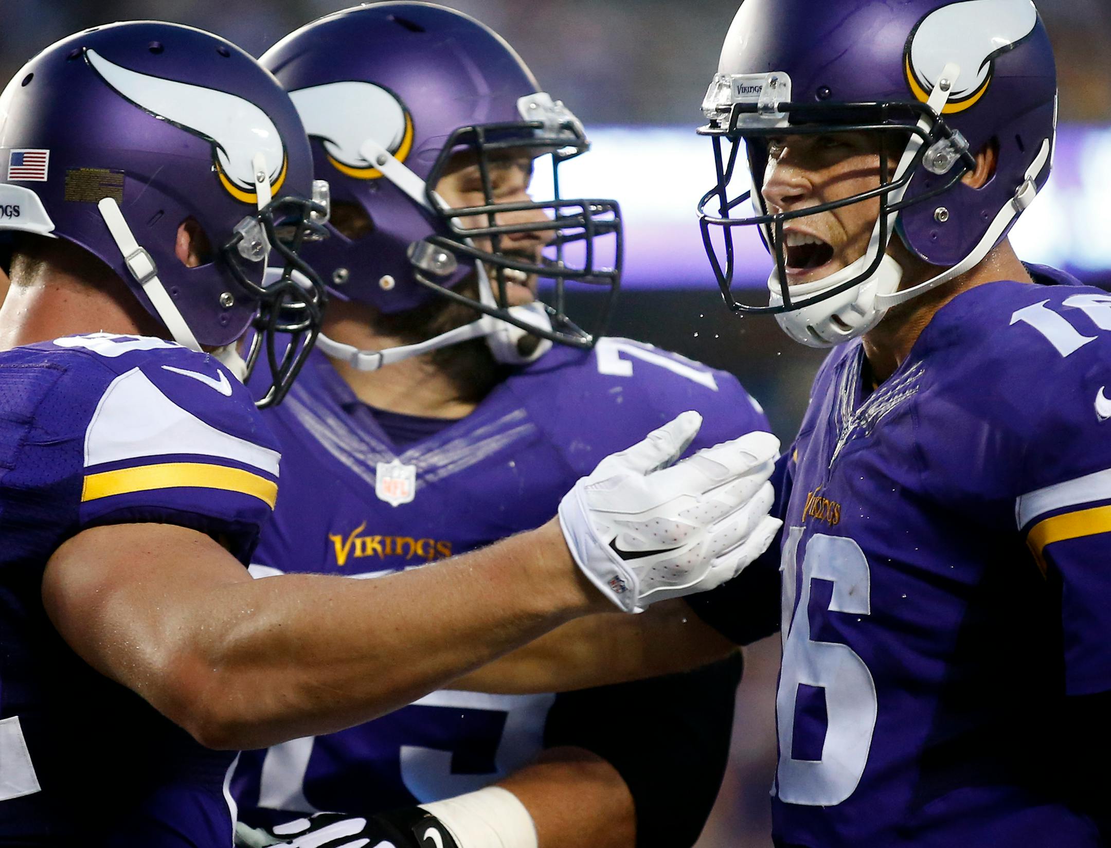 Kyle Rudolph (82) Matt Kalil (75) and Matt Cassel (16) celebrated after a 51- yard catch and run touchdown in the second quarter. ] CARLOS GONZALEZ cgonzalez@startribune.com - August 16, 2014 , Minneapolis, Minn., NFL, TCF Bank Stadium, Minnesota Vikings vs. Arizona Cardinals