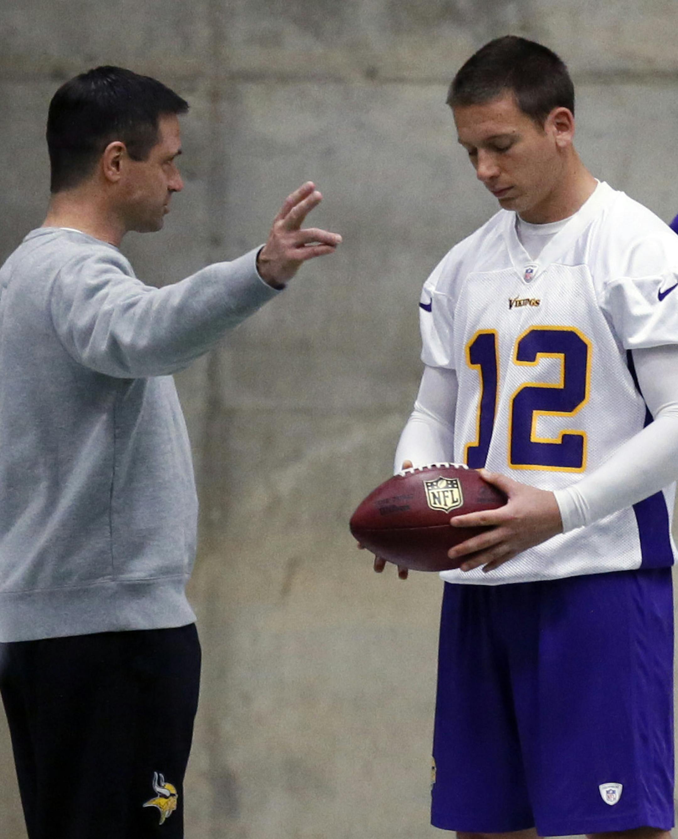 Minnesota Vikings Rookie Mini-Camp - Rookie left-footed punter Jeff Locke worked with Mike Priefer, special teams coordinator. Special Teams Coordinator] BRIAN PETERSON ‚Ä¢ brianp@startribune.com Eden Prairie, MN - 05/02/2013]