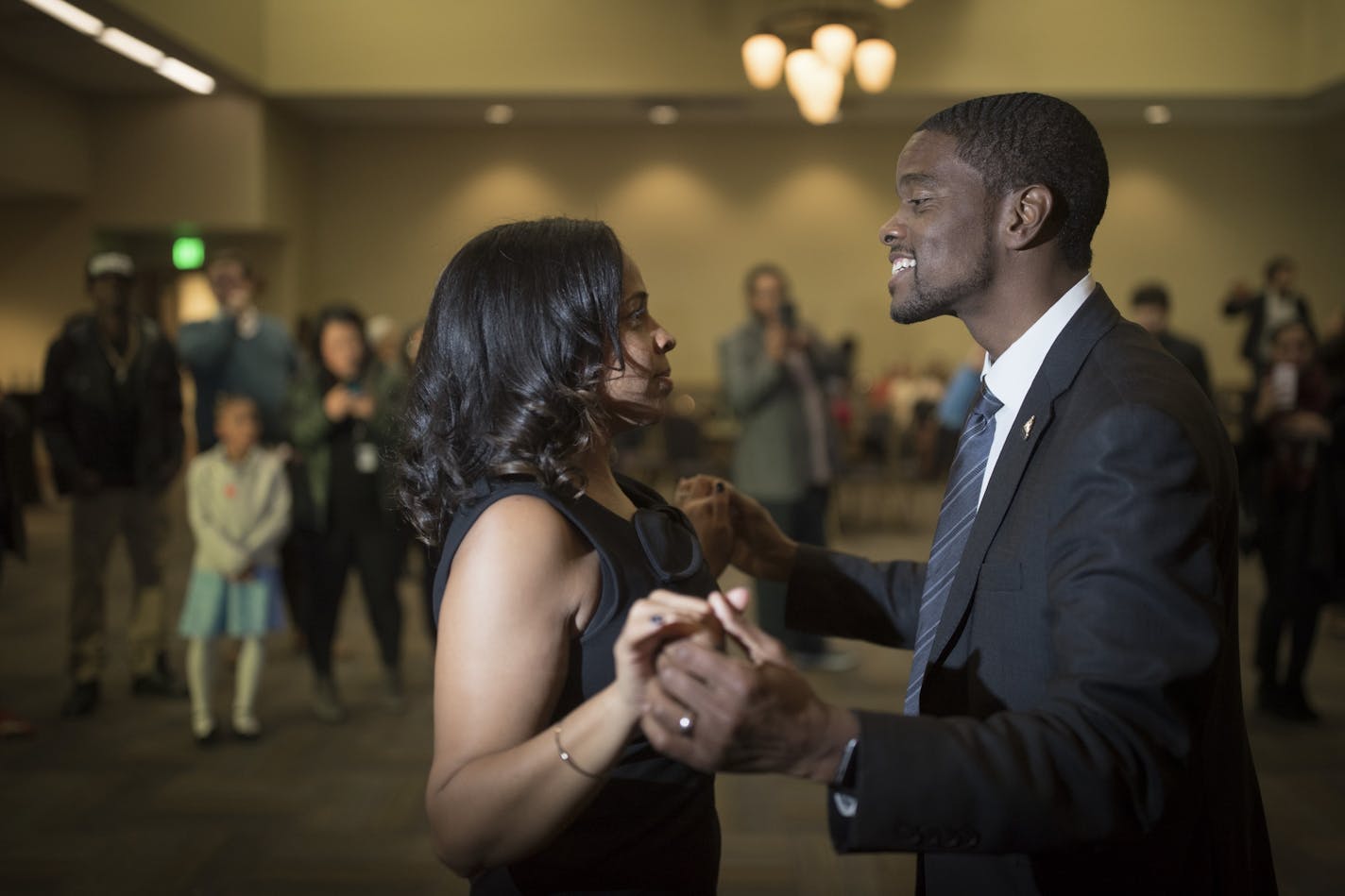 St. Paul elected mayor Melvin Carter danced with his wife Sakenna as the celebrated his win at the Union Depot Tuesday November 7,2017 in St. Paul, MN.