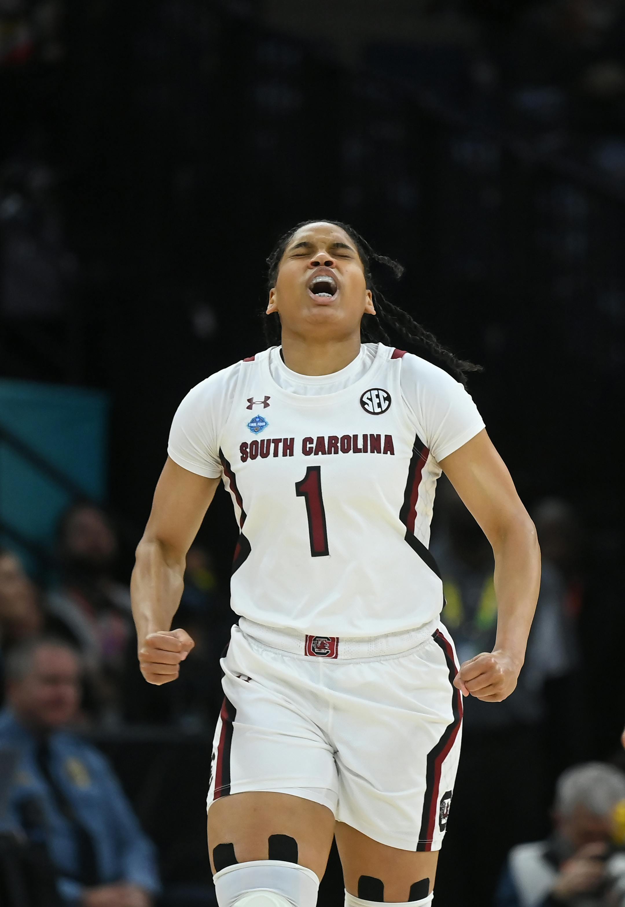 South Carolina guard Zia Cooke (1) reacts after scoring in the first quarter.
