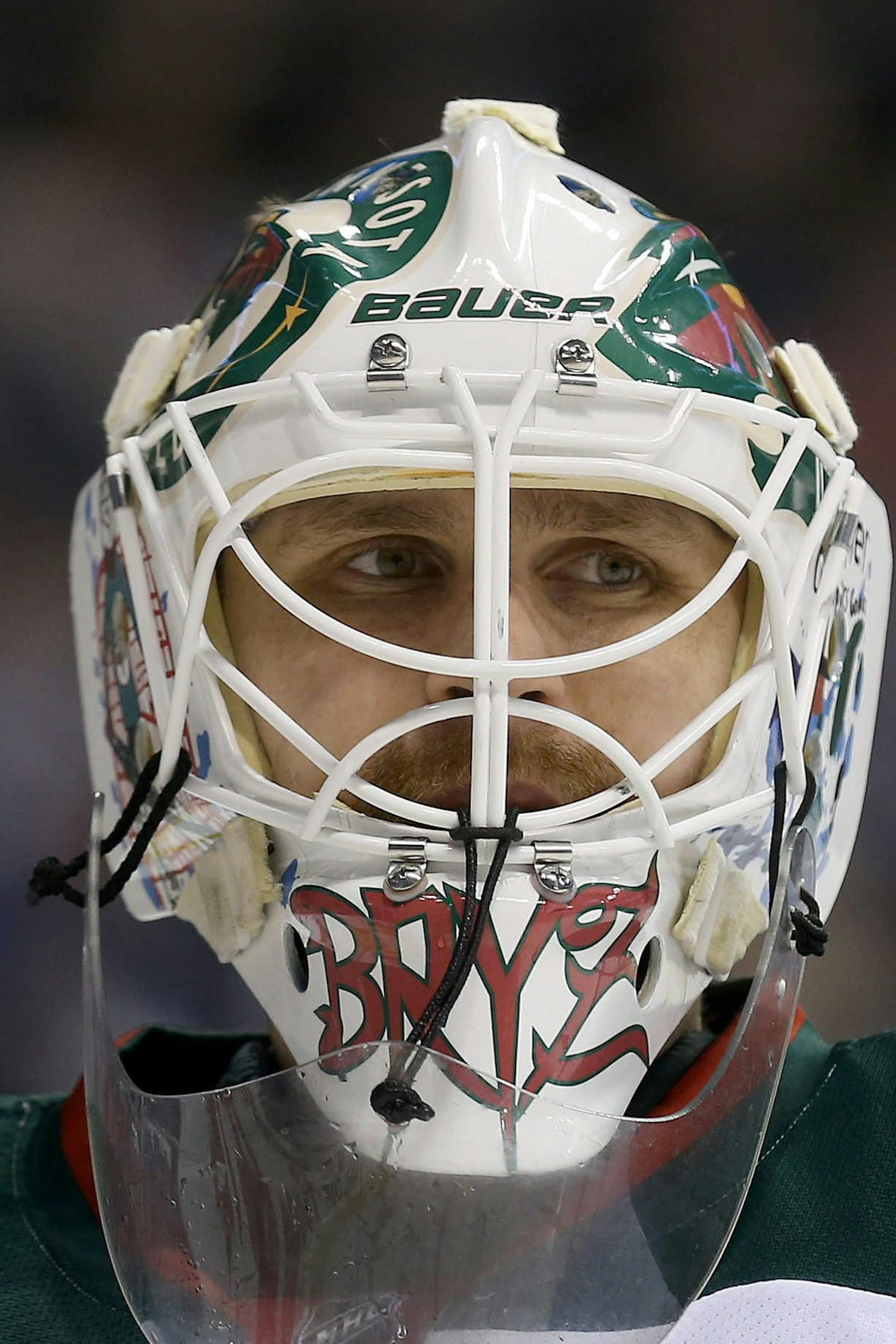 Minnesota Wild's Ilya Bryzgalov (30) takes a breather during a commercial break while playing against the Winnipeg Jets during second period NHL hockey action in Winnipeg, Manitoba, Monday, April 7, 2014. (AP Photo/The Canadian Press, Trevor Hagan)