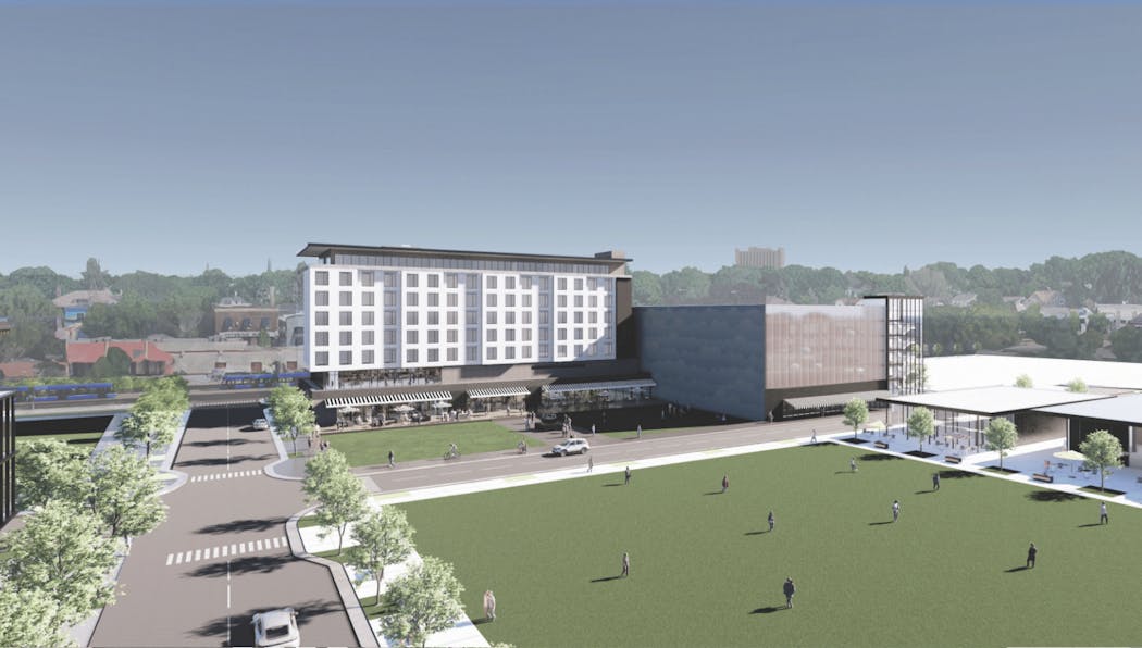 Dr. Bill McGuire, managing partner of Minnesota United and the lead developer for the “Super Block” surrounding Allianz Field said if the city signs off on to development agreements, he said a hotel and office building could be next to rise. A rendering shows what a hotel at Minnesota United Village could look like.