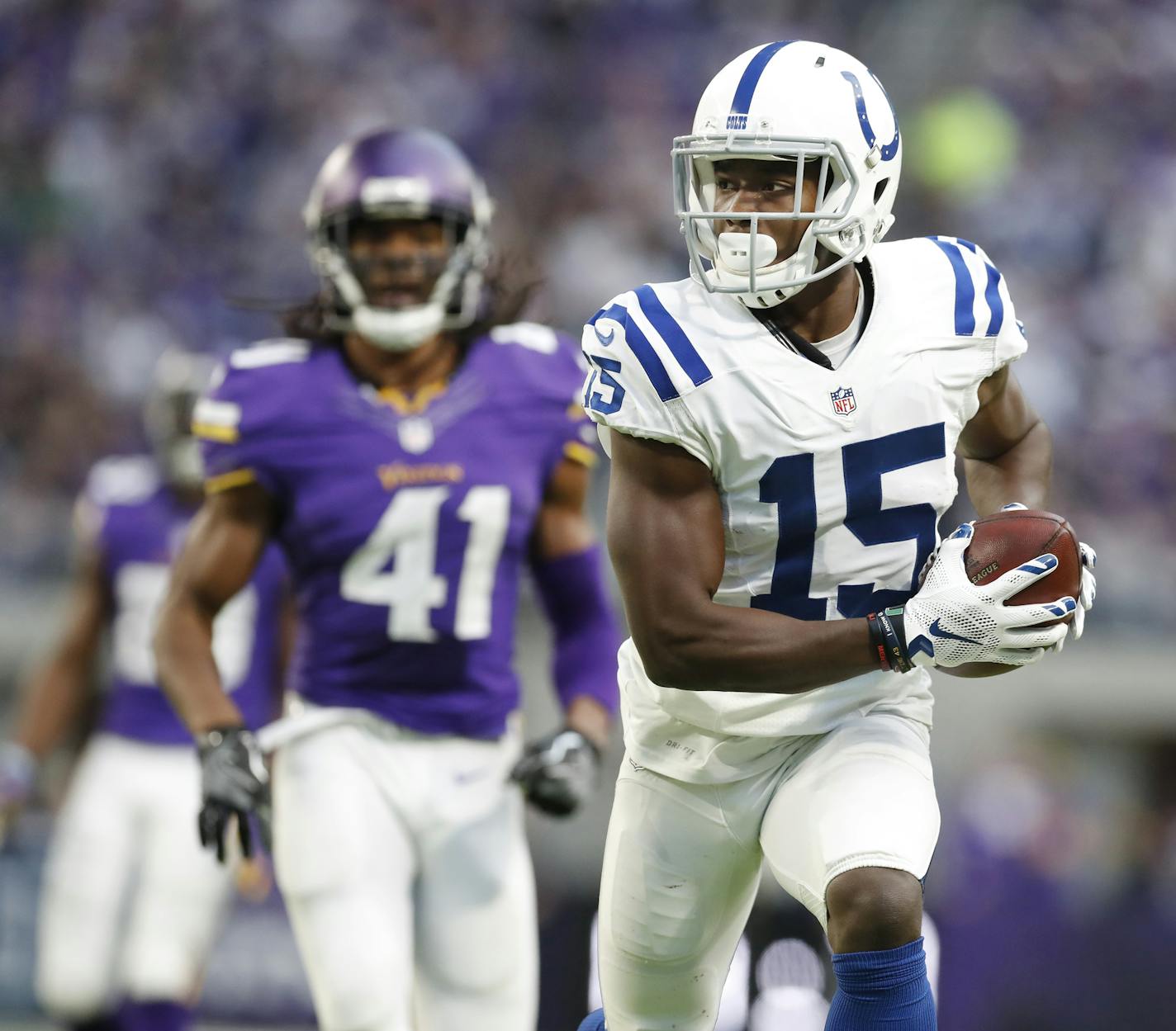 Indianapolis Colts wide receiver Phillip Dorsett (15) scored on a 50 yard touchdown reception over Minnesota Vikings free safety Anthony Harris (41) in the forth quarter at U.S. Bank Stadium Sunday December 18,2016 in Minneapolis, MN. ] The Indianapolis Colts beat the Minnesota Vikings 34-6. Jerry Holt / jerry. Holt@Startribune.com