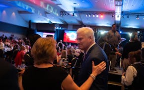 U.S. Rep. Tom Emmer greeted attendees at the state Republican Party's annual Lincoln Reagan dinner in 2024, the same day Donald Trump headlined the ev