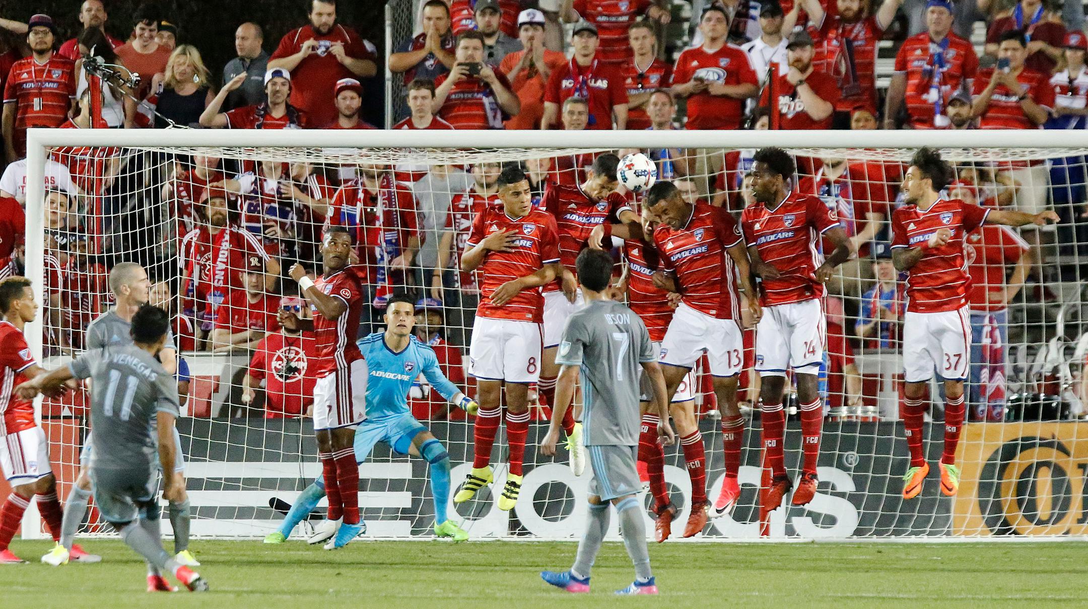 FC Dallas blocks a penalty kick during the second half of an MLS soccer game against Minnesota United in Frisco, Texas, Saturday, April 8, 2017. (Stewart F. House/The Dallas Morning News via AP)
