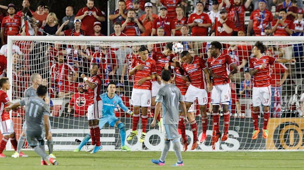 FC Dallas blocks a penalty kick during the second half of an MLS soccer game against Minnesota United in Frisco, Texas, Saturday, April 8, 2017. (Stew