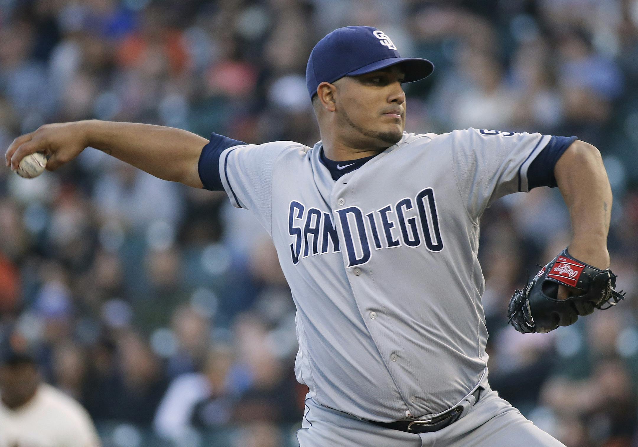 San Diego Padres starting pitcher Jhoulys Chacin works in the first inning of the team's baseball game against the San Francisco Giants on Thursday, July 20, 2017, in San Francisco. (AP Photo/Eric Risberg)