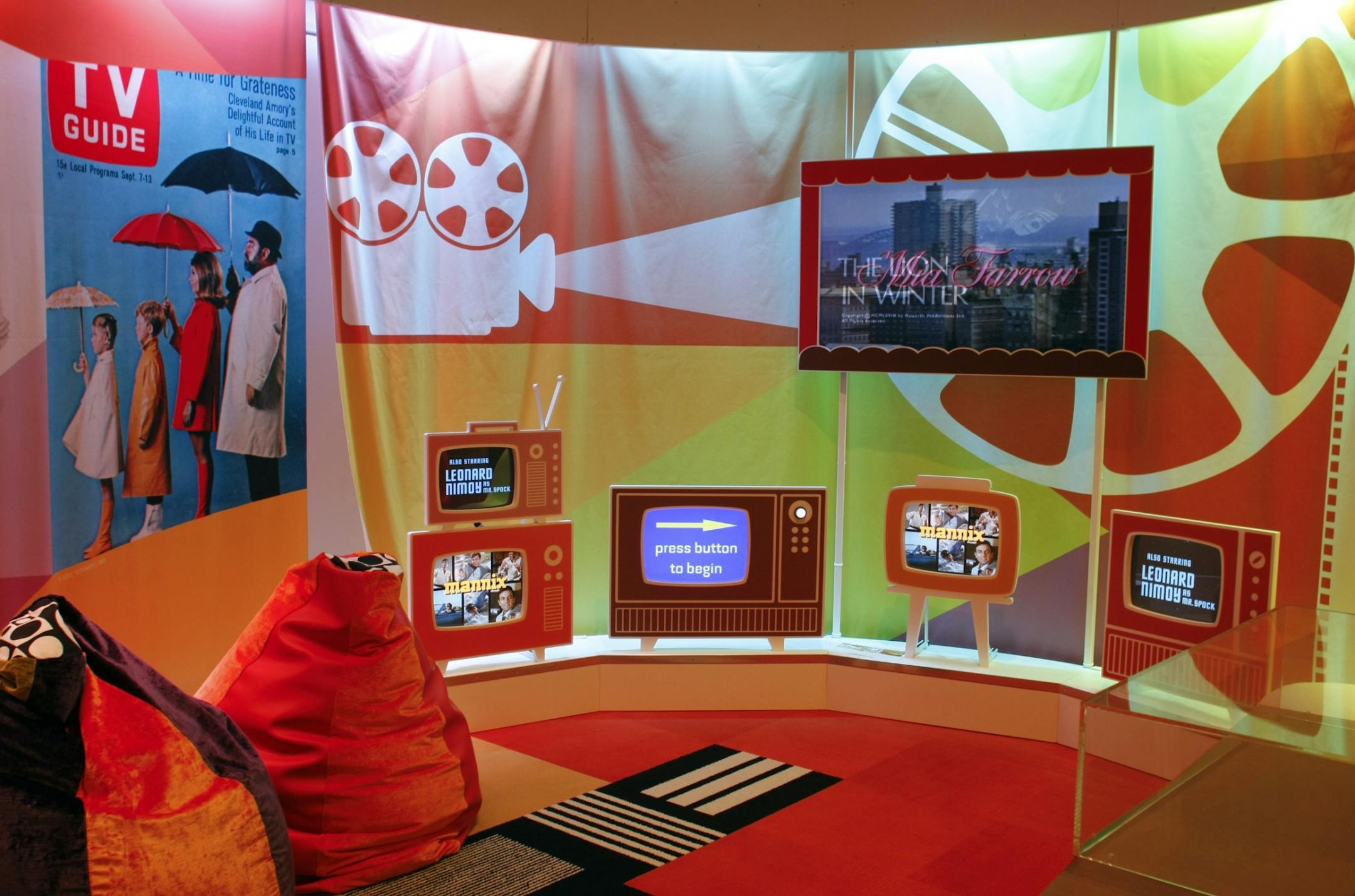 You can view popular 1968 television shows and movies from the comfort of bean-bag chairs.