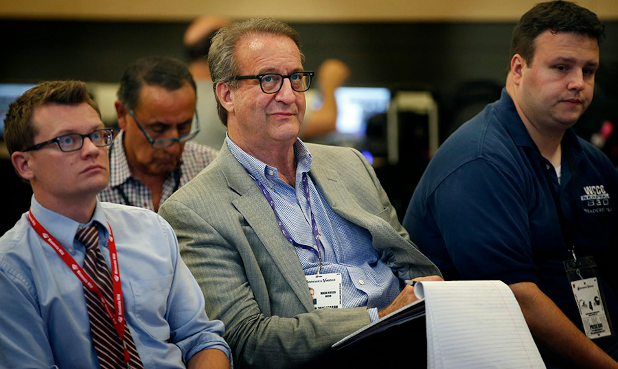 WCCO sports director Mark Rosen sat at a press conference for Vikings head coach Mike Zimmer at TCF Bank Stadium after the Vikings vs. Lions game.