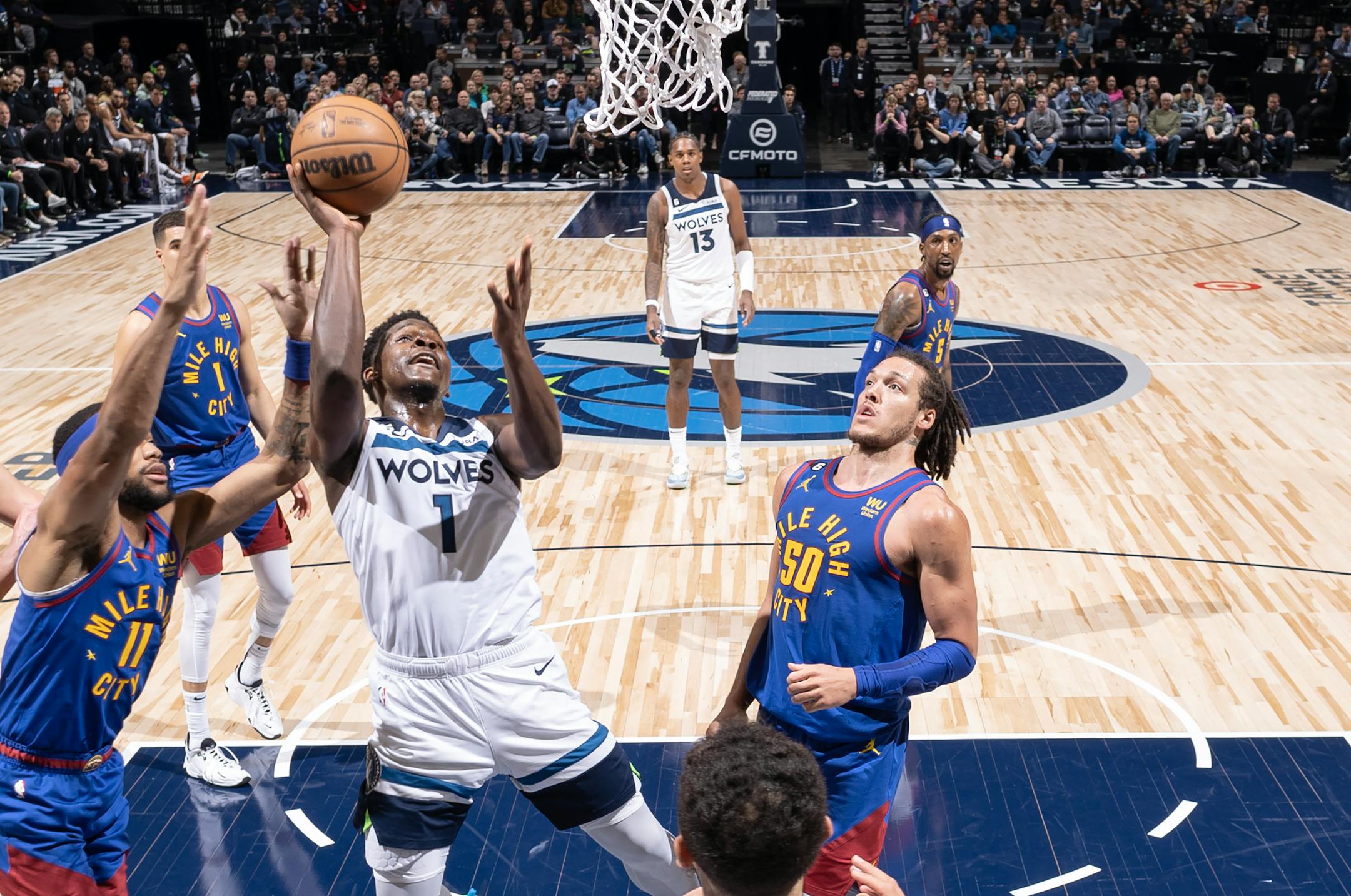 Anthony Edwards (1) and the Minnesota Timberwolves attempts a shot in the second half.