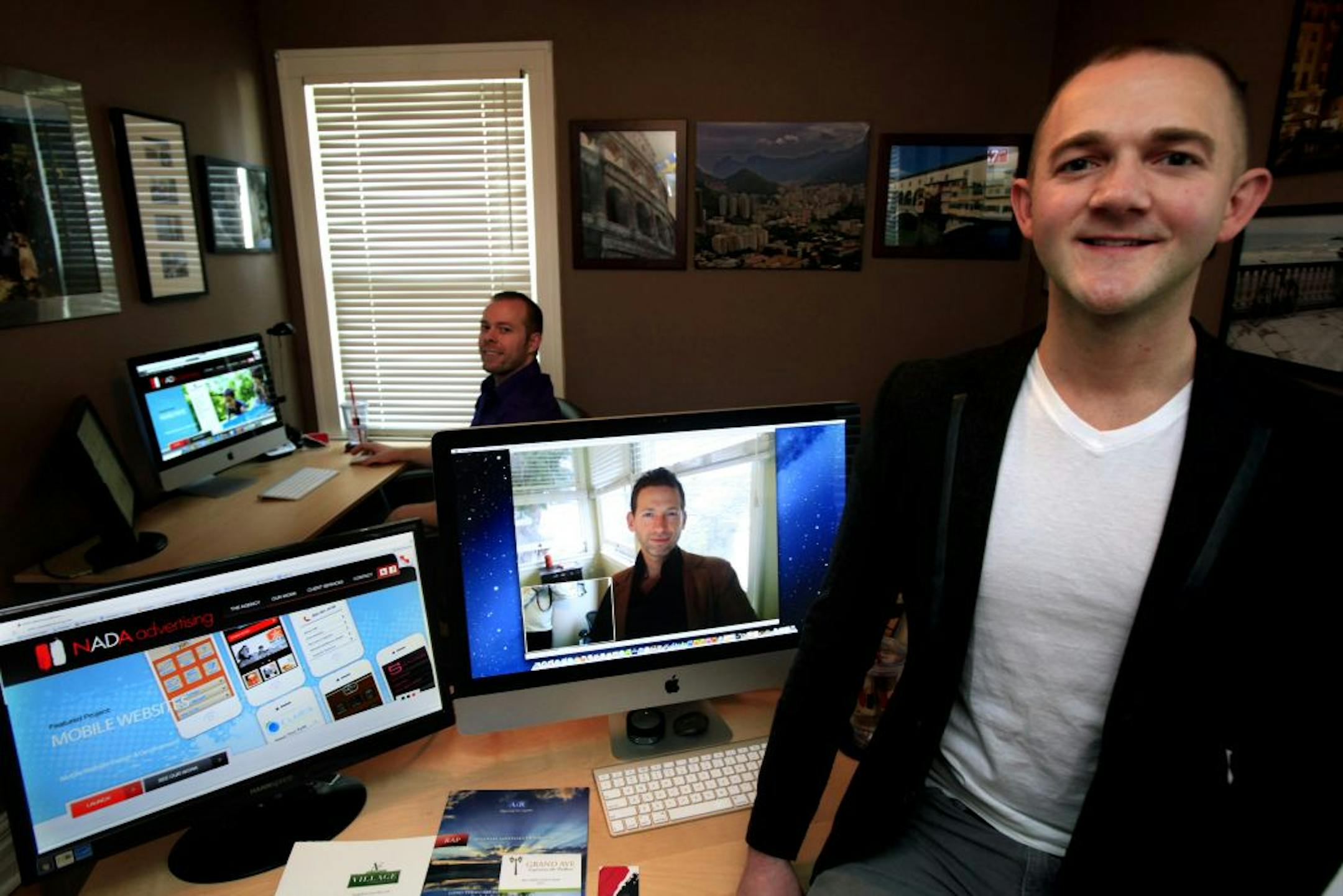 Nada Advertising: Nick Tews, Account Coordinator (background), Nathan Nerland, Partner (bottom left on screen) and Daniel Williams-Goldberg, Partner (larger guy on screen) in Nathan's St. Paul office. November 29, 2012.