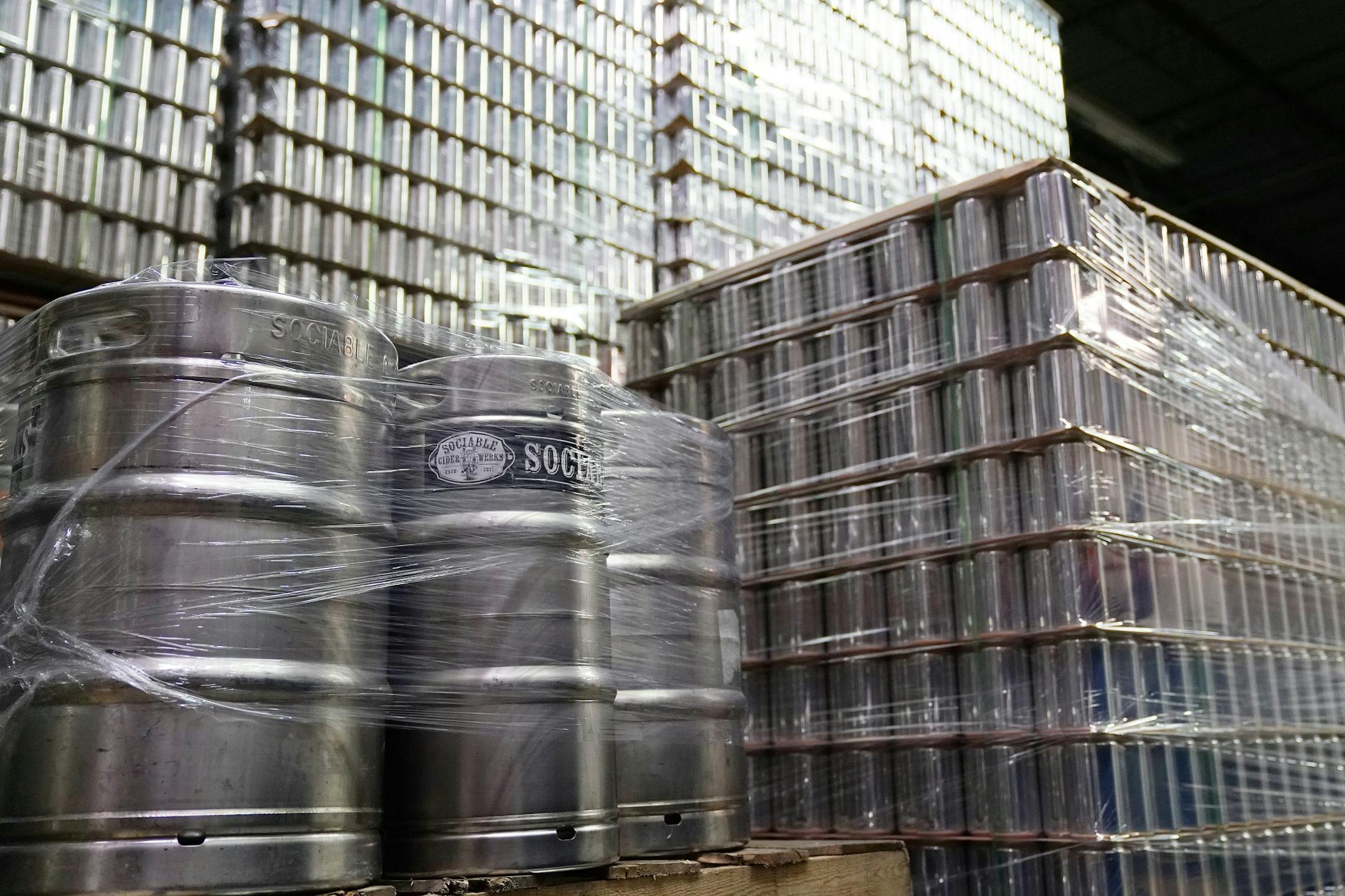 Inventory of kegs and blank cans, including these crowler cans at right, for Sociable Cider Werks sat Thursday morning at an off-site warehouse in northeast Minneapolis.