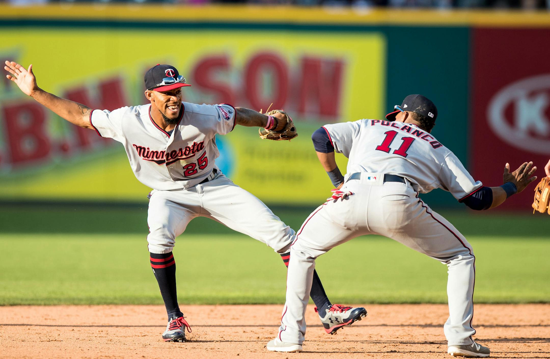 CLEVELAND, OH - JUNE 24: Minnesota Twins center fielder Byron Buxton (25) Minnesota Twins shortstop Jorge Polanco (11) celebrate following the Major League Baseball game between the Minnesota Twins and Cleveland Indians on June 24, 2017, at Progressive Field in Cleveland, OH. Minnesota defeated Cleveland 4-2. (Photo by Frank Jansky/Icon Sportswire) (Icon Sportswire via AP Images) ORG XMIT: 280318