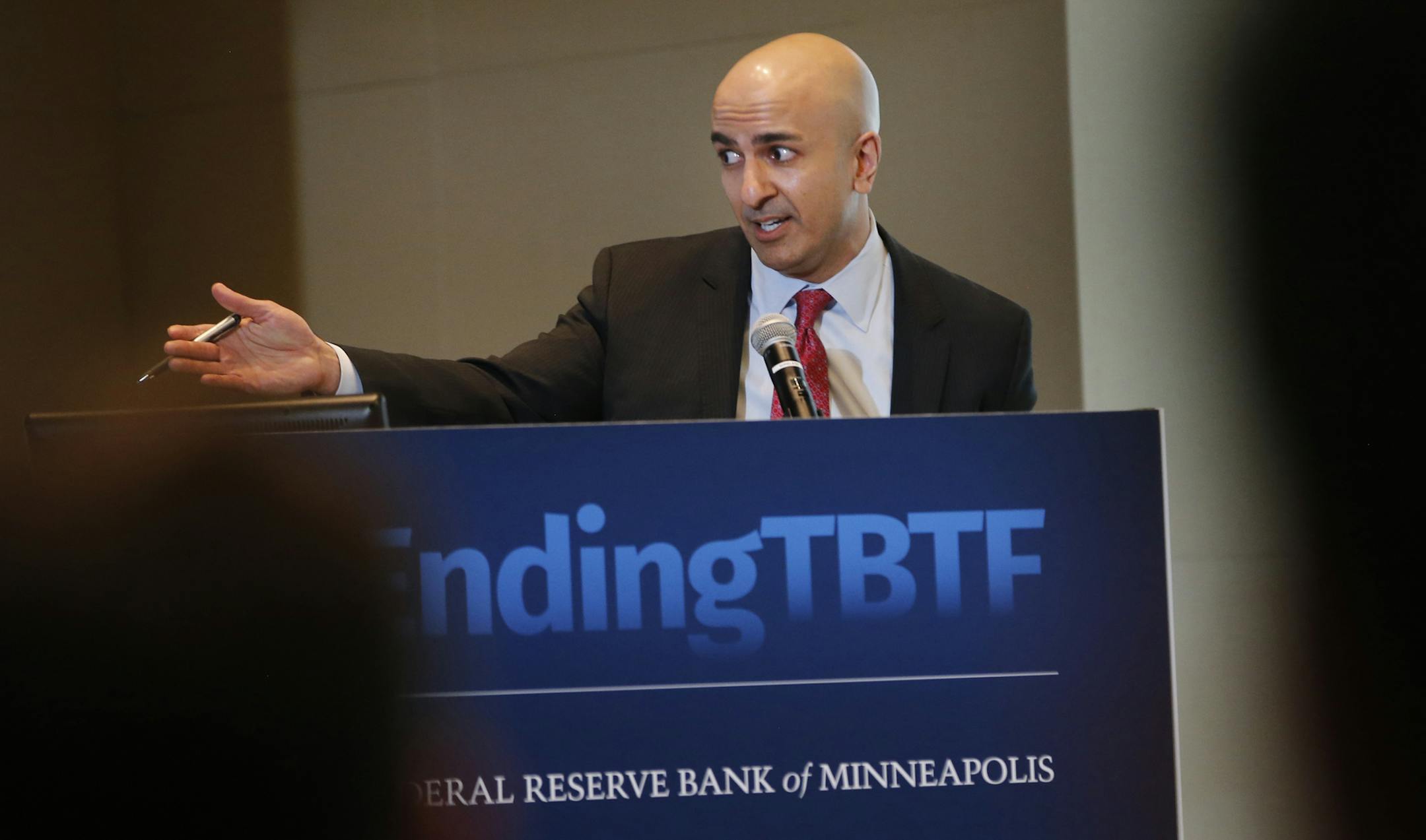Minneapolis Fed President Neel Kashkari, above at a banking symposium in April, will announce a plan to protect taxpayers from big banks’ failure.