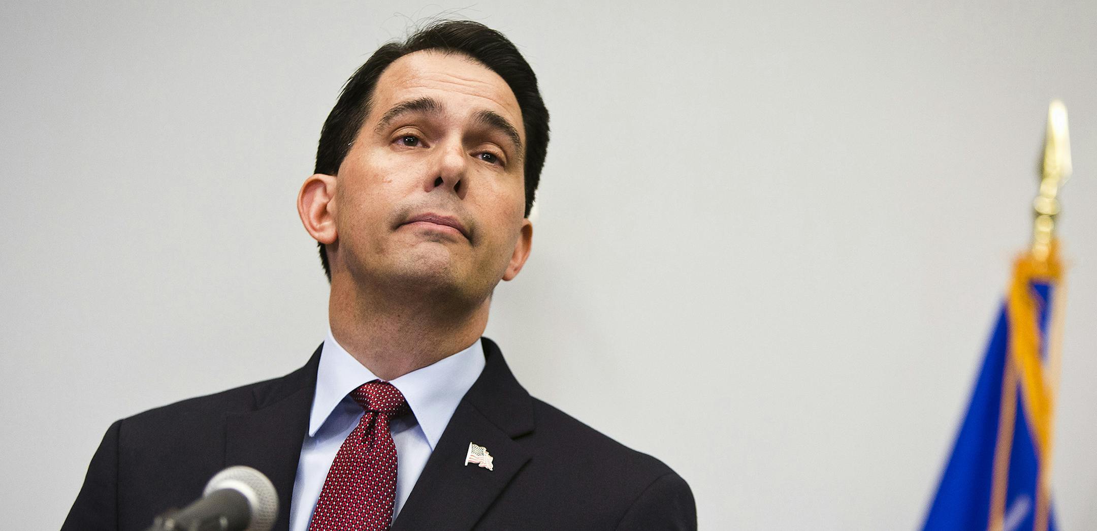 Wisconsin Gov. Scott Walker at a news conference The Edgewater hotel in Madison, Wis., Sept. 21, 2015. Short of support and cash, Walker saying he had been ìcalled to lead by helping to clear the field,î announced Monday that he was suspending his bid for the Republican presidential nomination. (Ben Brewer/The New York Times) ORG XMIT: MIN2015092210540121