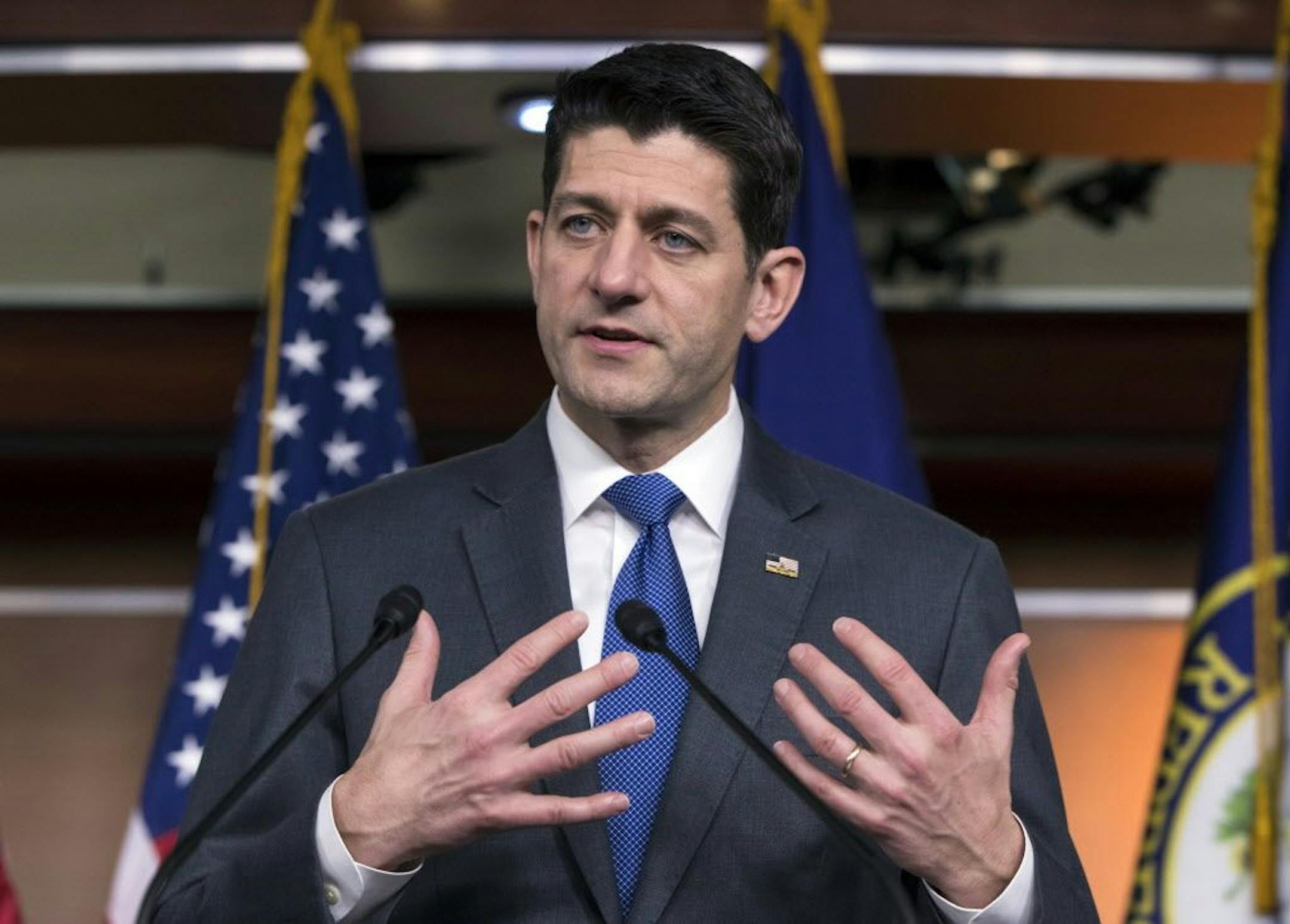 Speaker of the House Paul Ryan, R-Wis., takes questions from reporters about the massive government spending bill moving through Congress, on Capitol Hill in Washington, Thursday, March 22, 2018.