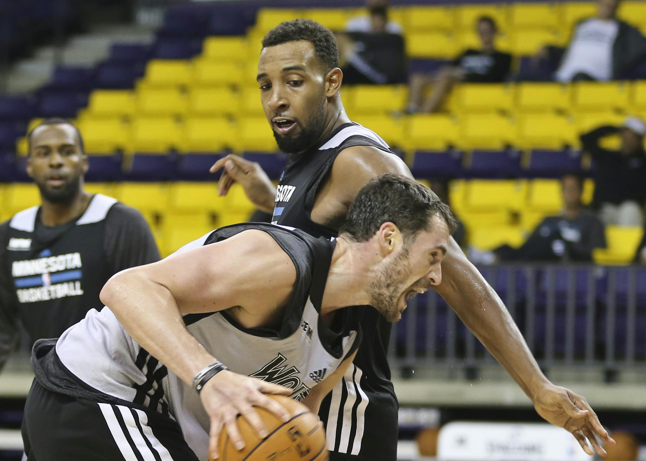 Kevin Love's shot was blocked by Derrick Williams during training camp in Mankato, Minn., on Wednesday, October 2, 2013. ] (RENEE JONES SCHNEIDER • reneejones@startribune.com)