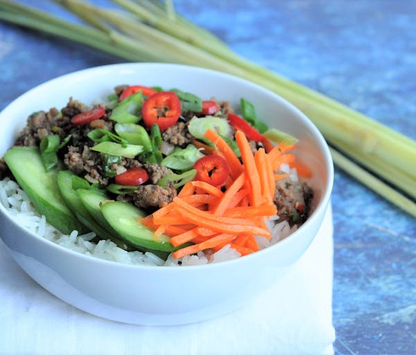 Lemongrass Beef and Coconut Rice Bowls.