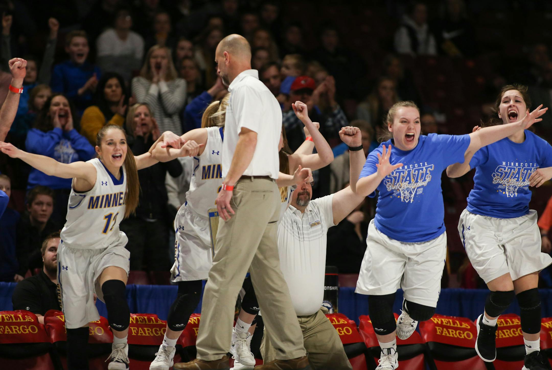 The Minneota bench rushed onto the court after defeating Goodhue 40-31 to claim the 1A state girls basketball championship on Saturday, March 16, 2019. ] Shari L. Gross • shari.gross@startribune.com Minneota defeated Goodhue 40-31 to win the Class 1A state girls basketball championship on Saturday, March 16, 2019 at Willams Arena on the University of Minnesota campus in Minneapolis.
