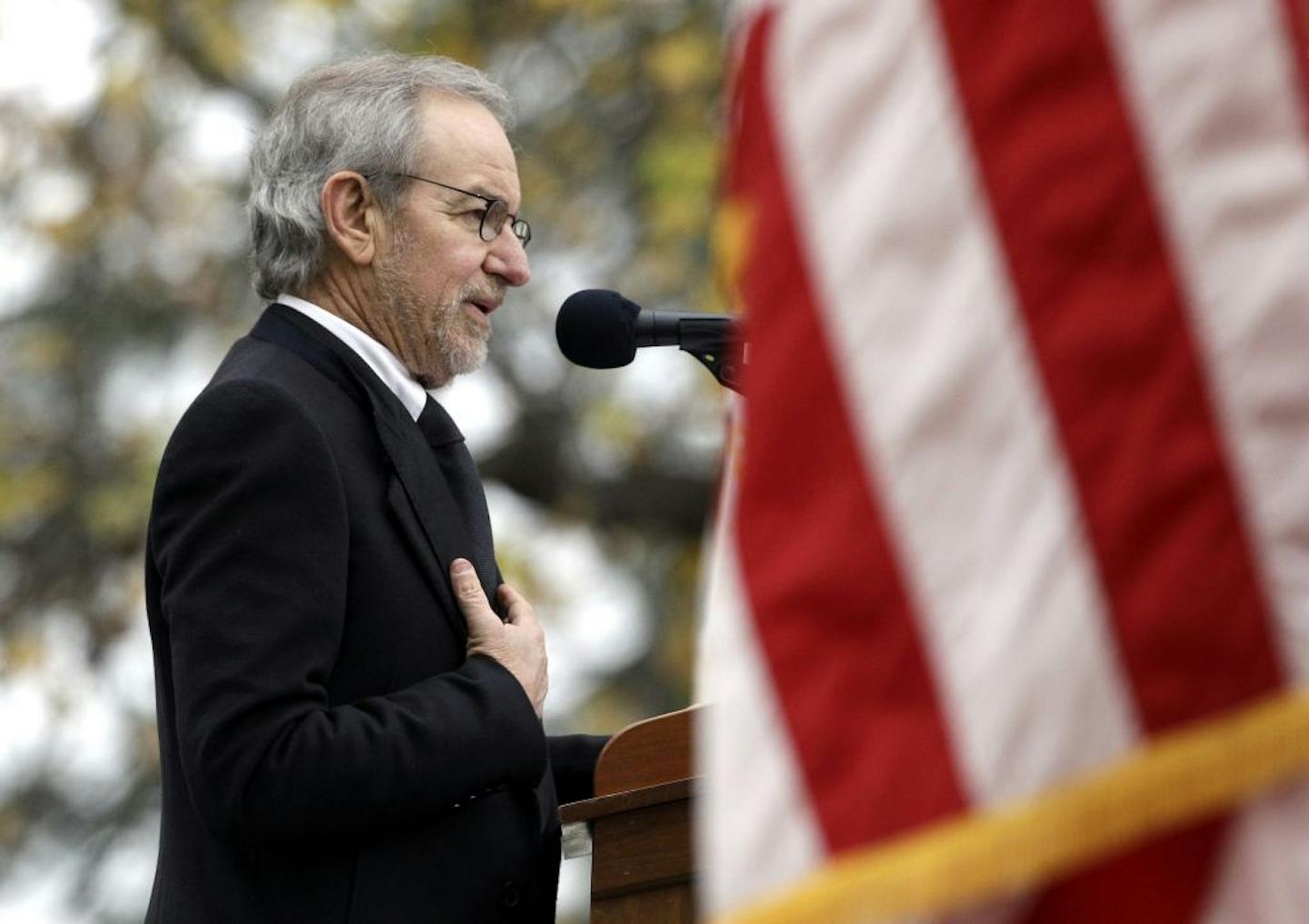 Steven Spielberg, director of the movie, "Lincoln" speaks at a ceremony to mark the 149th anniversary of President Abraham Lincoln's delivery of the Gettysburg Address at Soldier's National Cemetery in Gettysburg, Pa., Monday, Nov. 19, 2012.