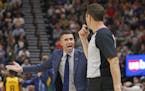 Minnesota Timberwolves head coach Ryan Saunders argues with referee Brian Forte in the second half during an NBA basketball game against the Utah Jazz