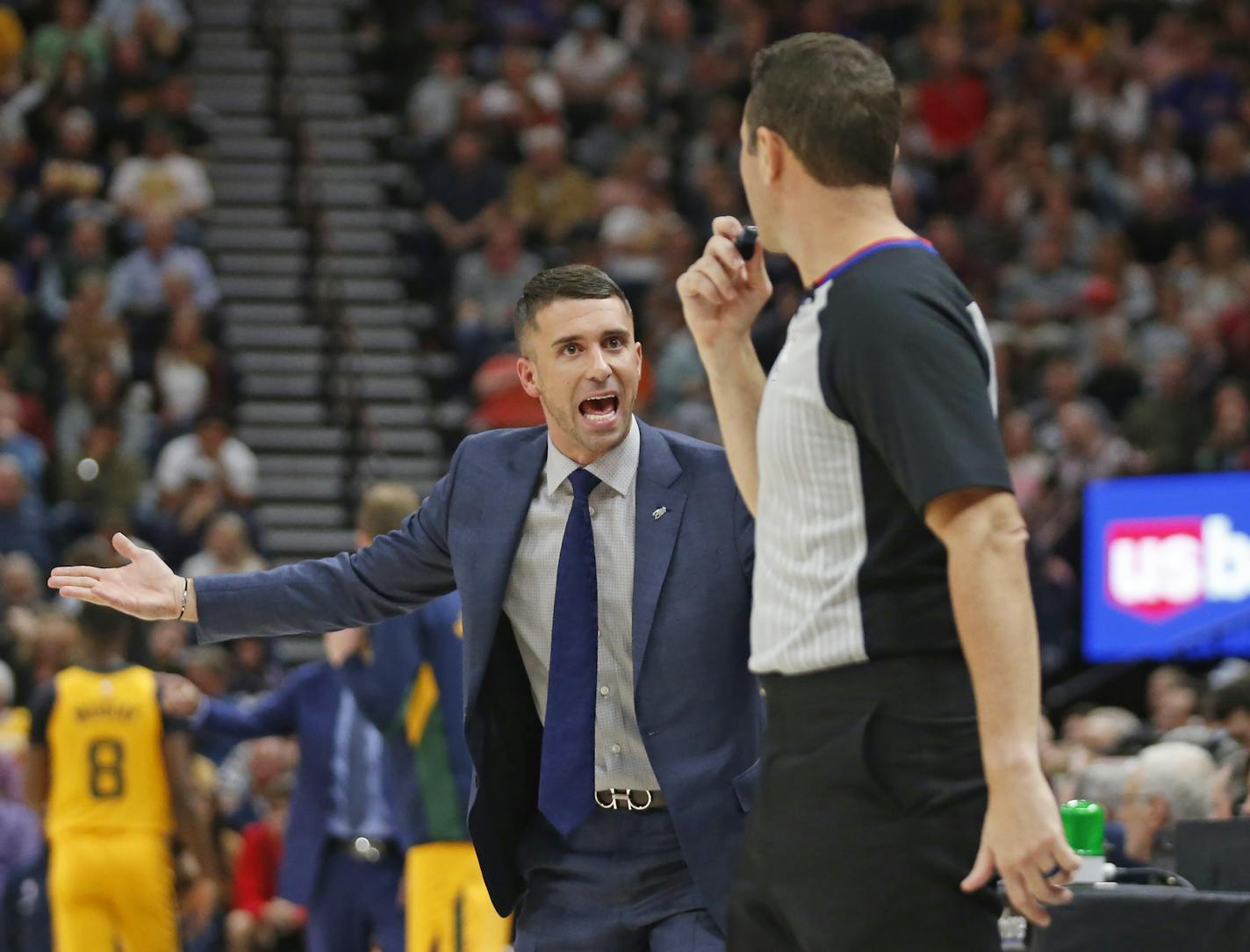 Minnesota Timberwolves head coach Ryan Saunders argues with referee Brian Forte in the second half during an NBA basketball game against the Utah Jazz Monday, Nov. 18, 2019, in Salt Lake City. (AP Photo/Rick Bowmer)