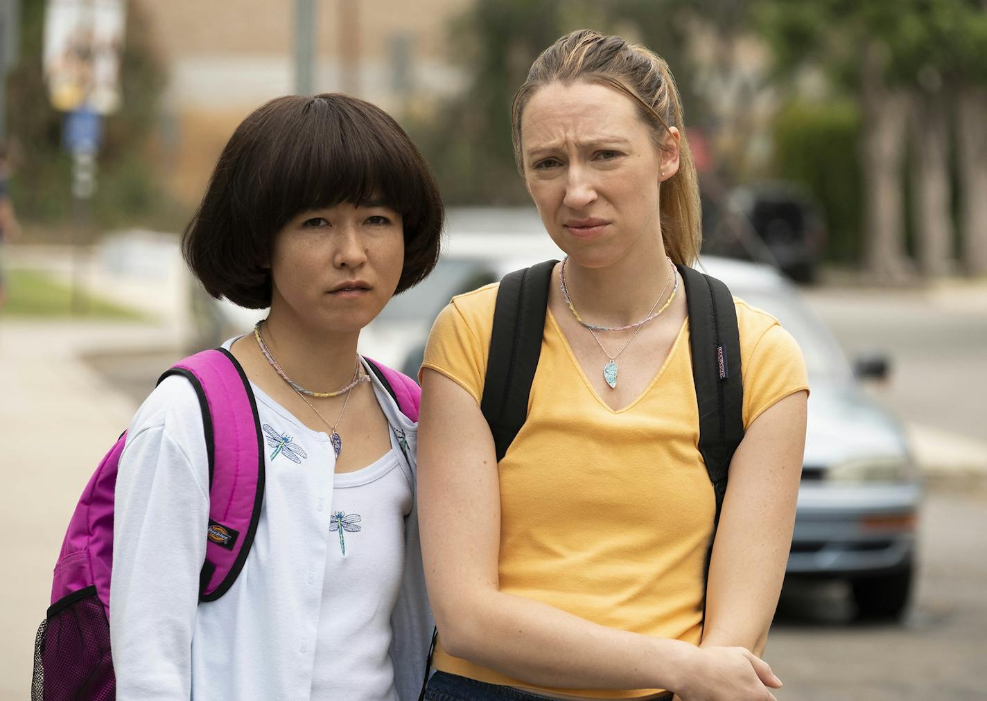 PEN15 -- "Miranda" - Episode 102 - Maya and Anna become fascinated with the mature girls in their class who smoke. They are faced with the age old question: stay home and play pretend or go out and do drugs? Maya (Maya Erskine) and Anna (Anna Konkle), shown. (Photo by: Alex Lombardi/Hulu) ORG XMIT: Season: 1