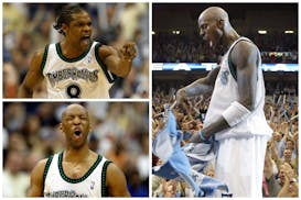 Clockwise from top left: Latrell Sprewell, Kevin Garnett and Sam Cassell, all shown in 2004, led the Timberwolves to the Western Conference finals.