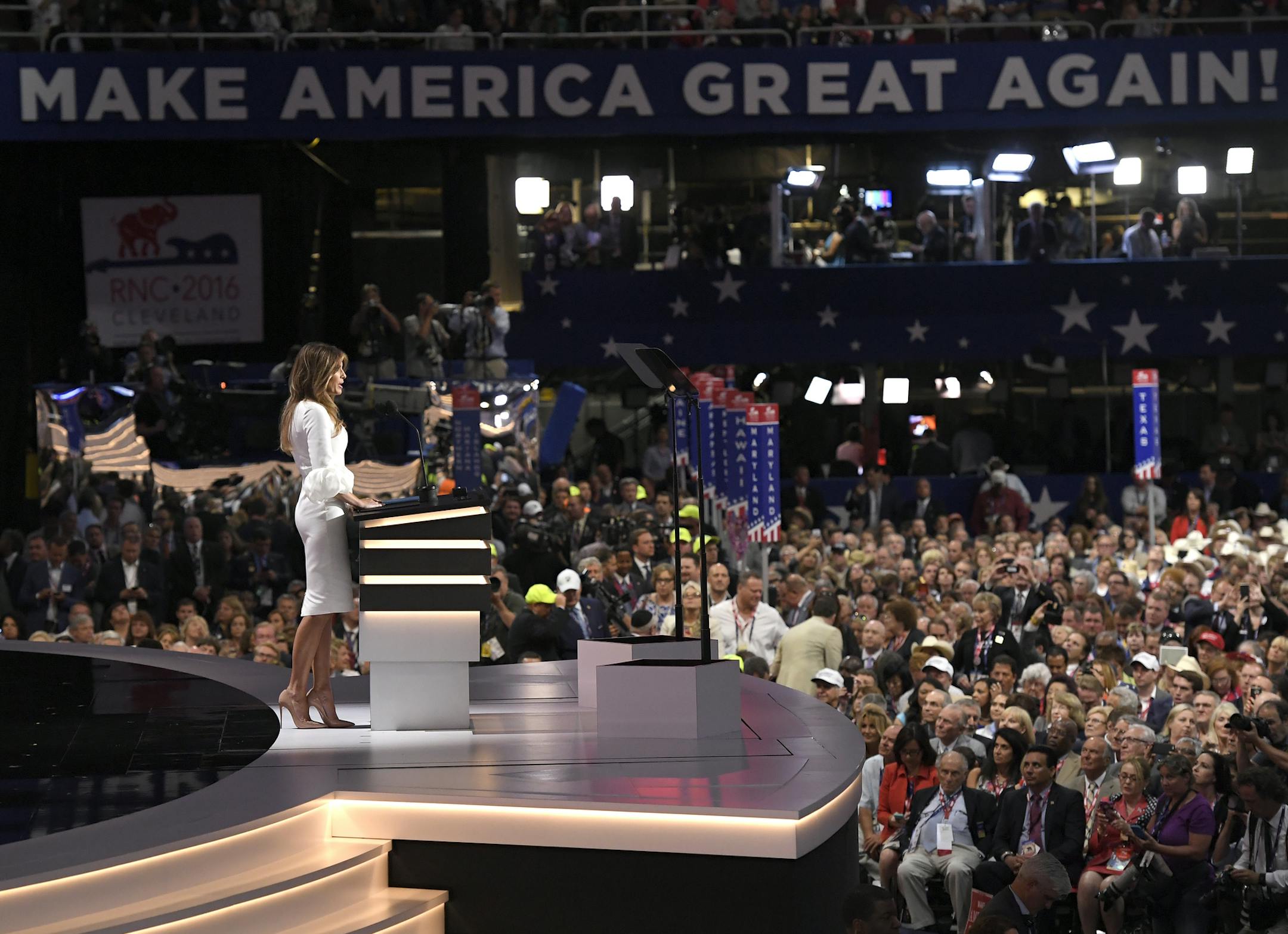 Melania Trump addresses delegates during the opening day of the Republican National Convention in Cleveland, Monday, July 18, 2016. (AP Photo/Mark J. Terrill)