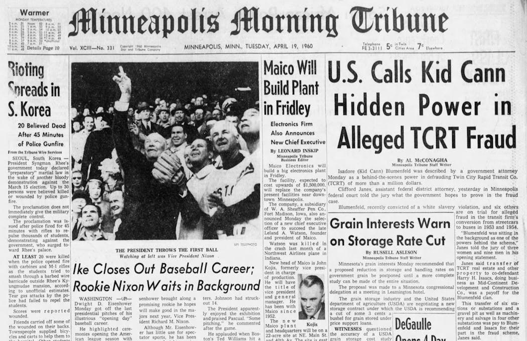 The front page of the Minneapolis Tribune on April 19, 1960.