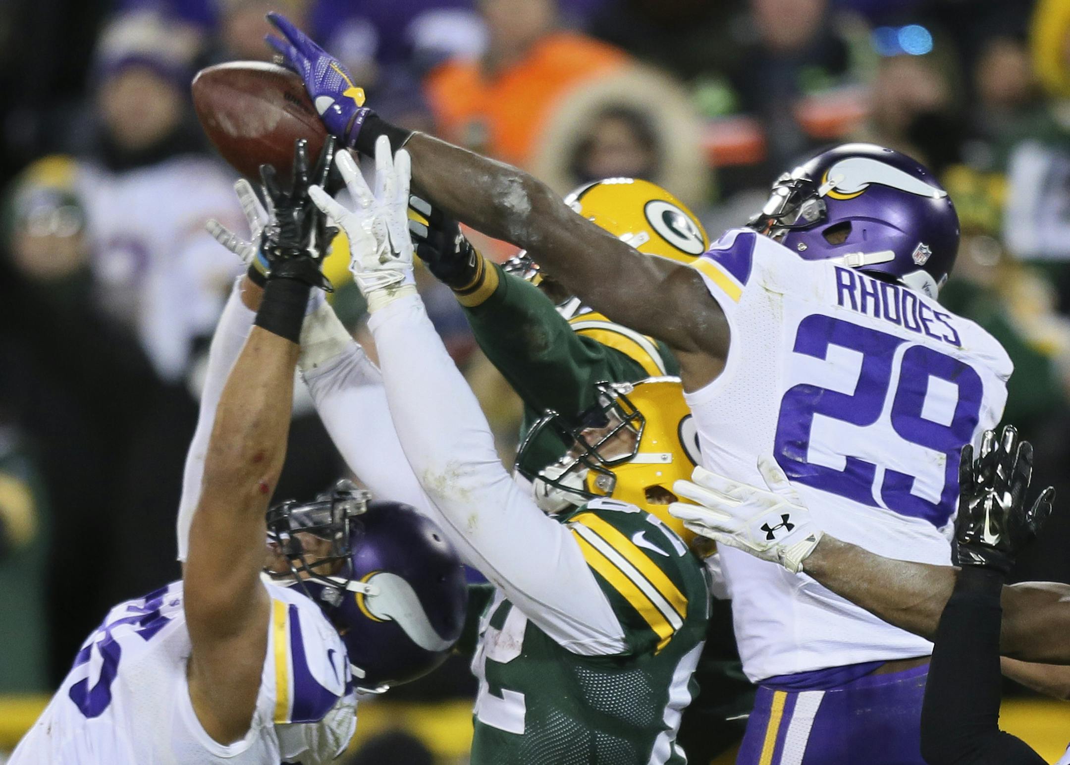 On the final play of the game Sunday, Vikings cornerback Xavier Rhodes knocked the ball out of the hands of Green Bay's Richard Rodgers on a Hail Mary pass in the end zone.