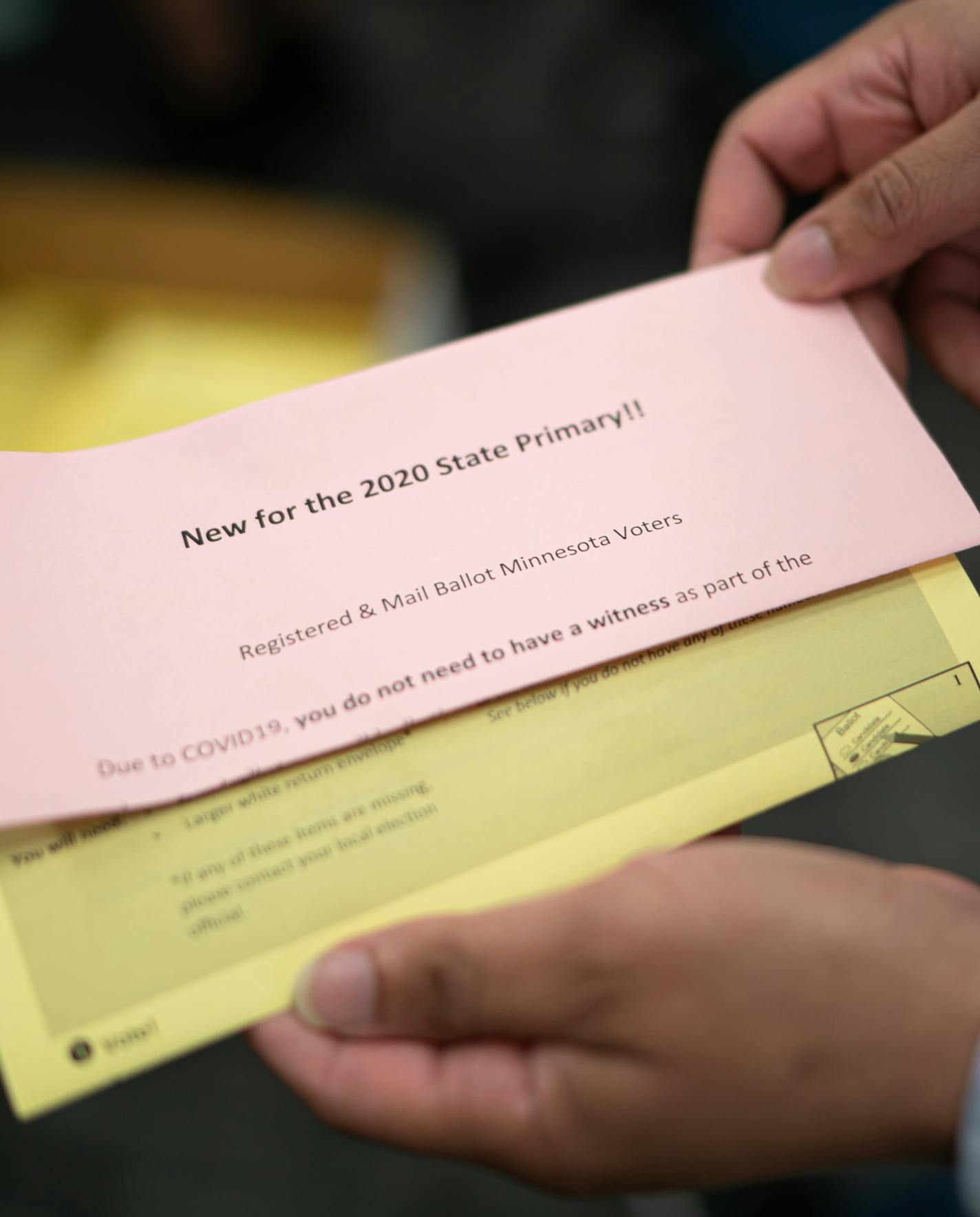 Because of COVID19, Minnesota is waiving the requirement to have a witness sign mail in ballots. Minneapolis Elections & Voter Services. ] GLEN STUBBE • glen.stubbe@startribune.com Wednesday, July 29, 2020 Absentee ballots are being requested at a record level this year. Nearly 470,000 Minnesotans have requested to vote absentee. That's an amazing 12-times the number requesting mail in voting at this point in 2018. This year's demand obliterates the demand in the 2016 Presidential election, when