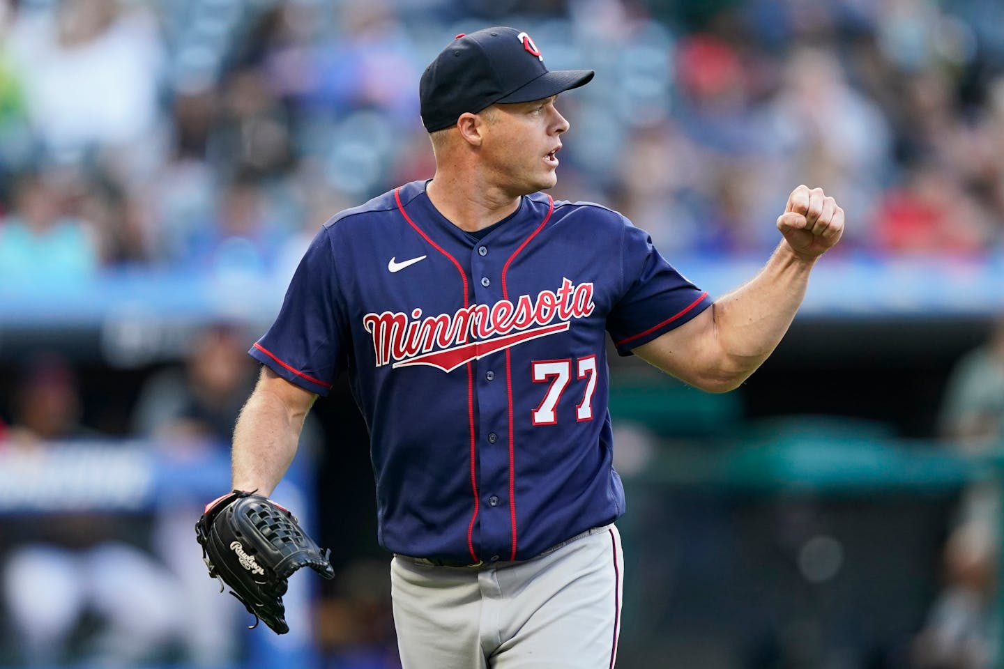 Twins starting pitcher Andrew Albers pumps his fist after the final out in the second inning