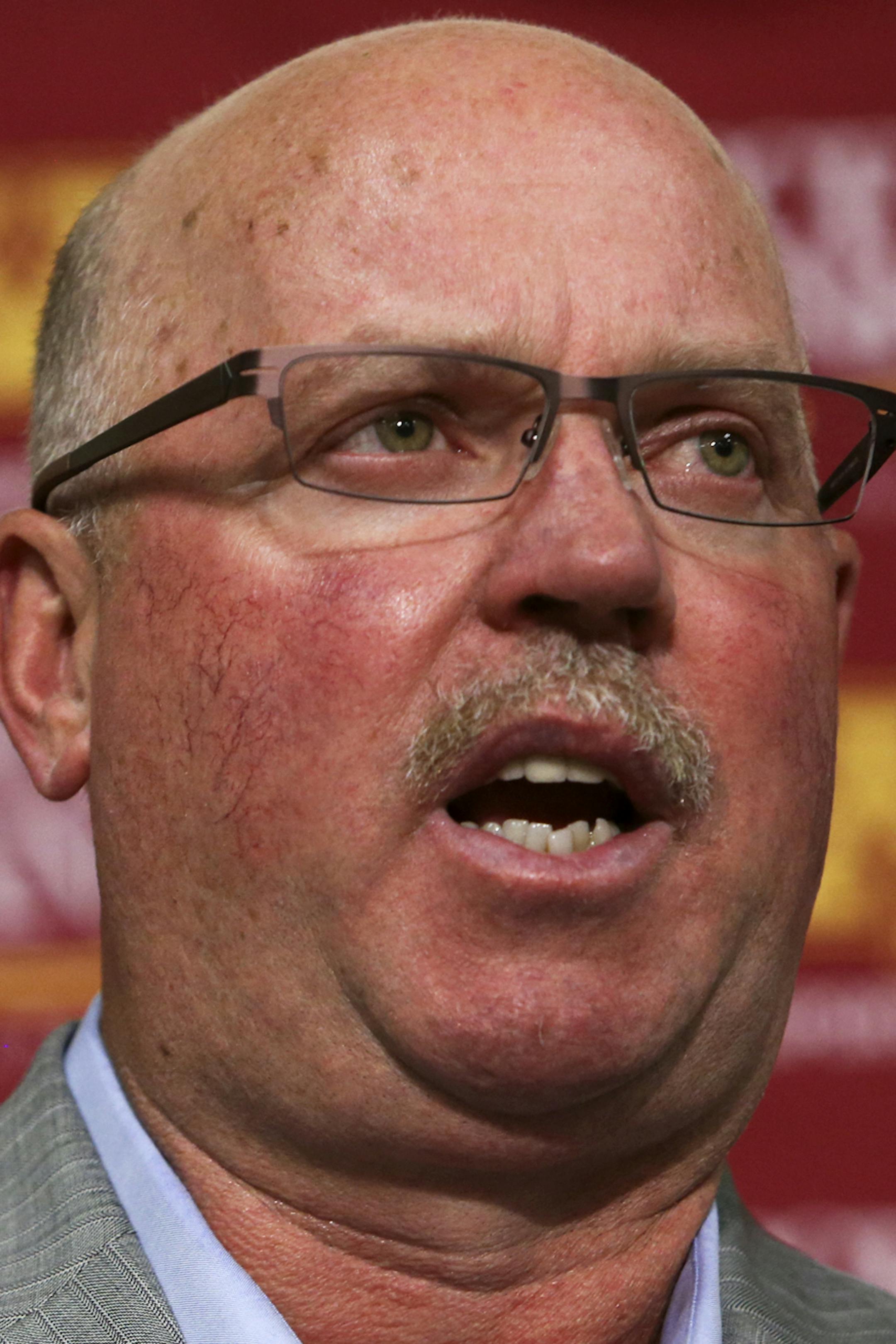 University of Minnesota football coach Jerry Kill at the opening fall camp press conference in Bierman football building in Minneapolis, MN, Tuesday, July 30, 2013.](DAVID JOLES/STARTRIBUNE) djoles@startribune.com University of Minnesota football coach Jerry Kill at the opening fall camp press conference in Bierman football building in Minneapolis, MN, Tuesday, July 30, 2013.