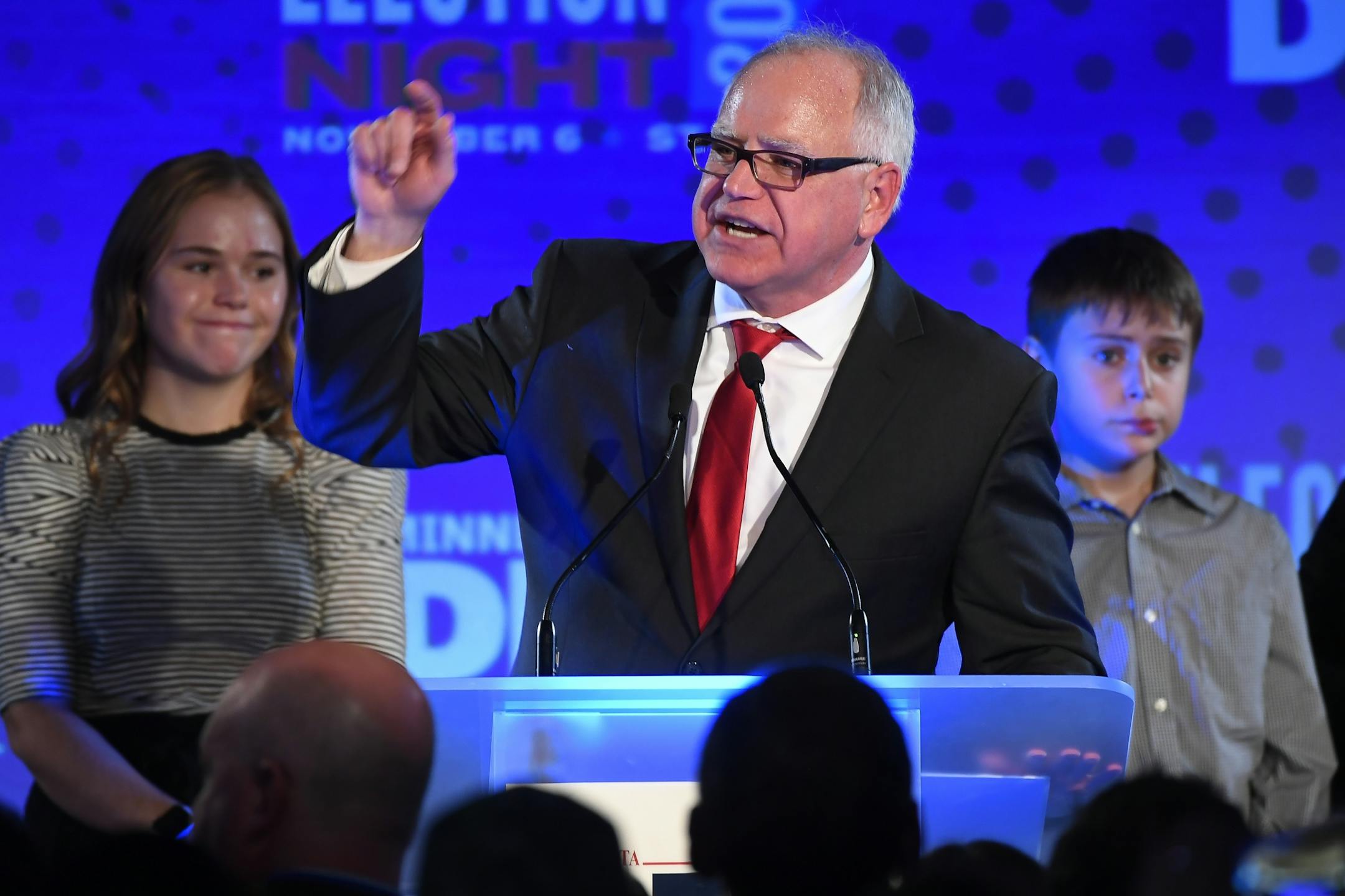 Governor-elect Tim Walz gave his acceptance speech beside his children, Hope and Gus, Tuesday night at the DFL election night party in St. Paul.