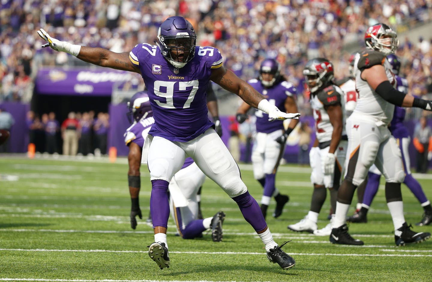 Minnesota Vikings defensive end Everson Griffen (97) celebrates after sacking Tampa Bay Buccaneers quarterback Jameis Winston during the first half of an NFL football game, Sunday, Sept. 24, 2017, in Minneapolis. (AP Photo/Bruce Kluckhohn)