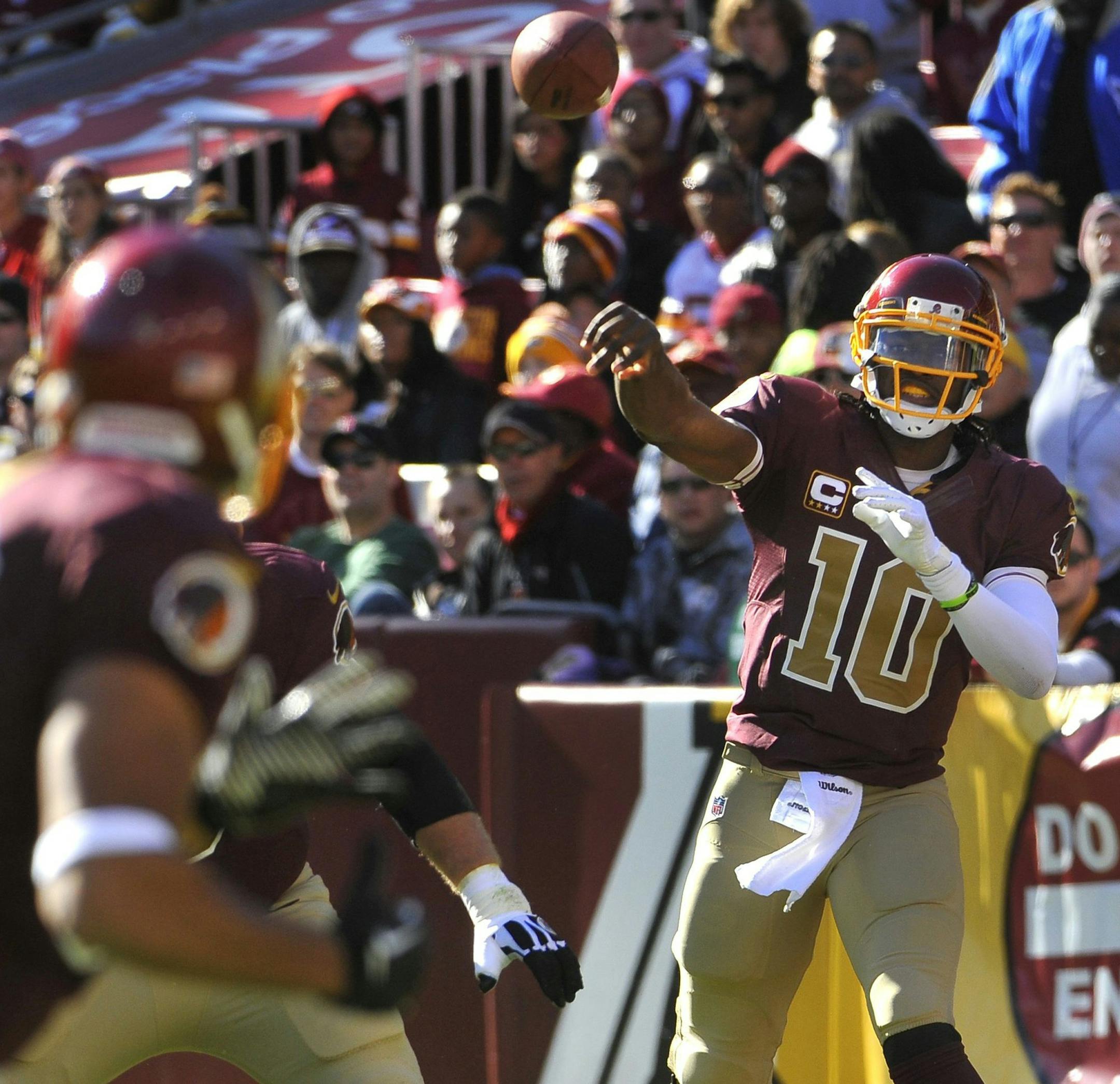 Washington Redskins quarterback Robert Griffin III (10) throws a pass against the San Diego Chargers defense in the first half at FedEx Field in Landover, Maryland, Sunday, November 3, 2013. The Redskins beat the Chargers in overtime, 30-24. (Mark Gail/MCT)