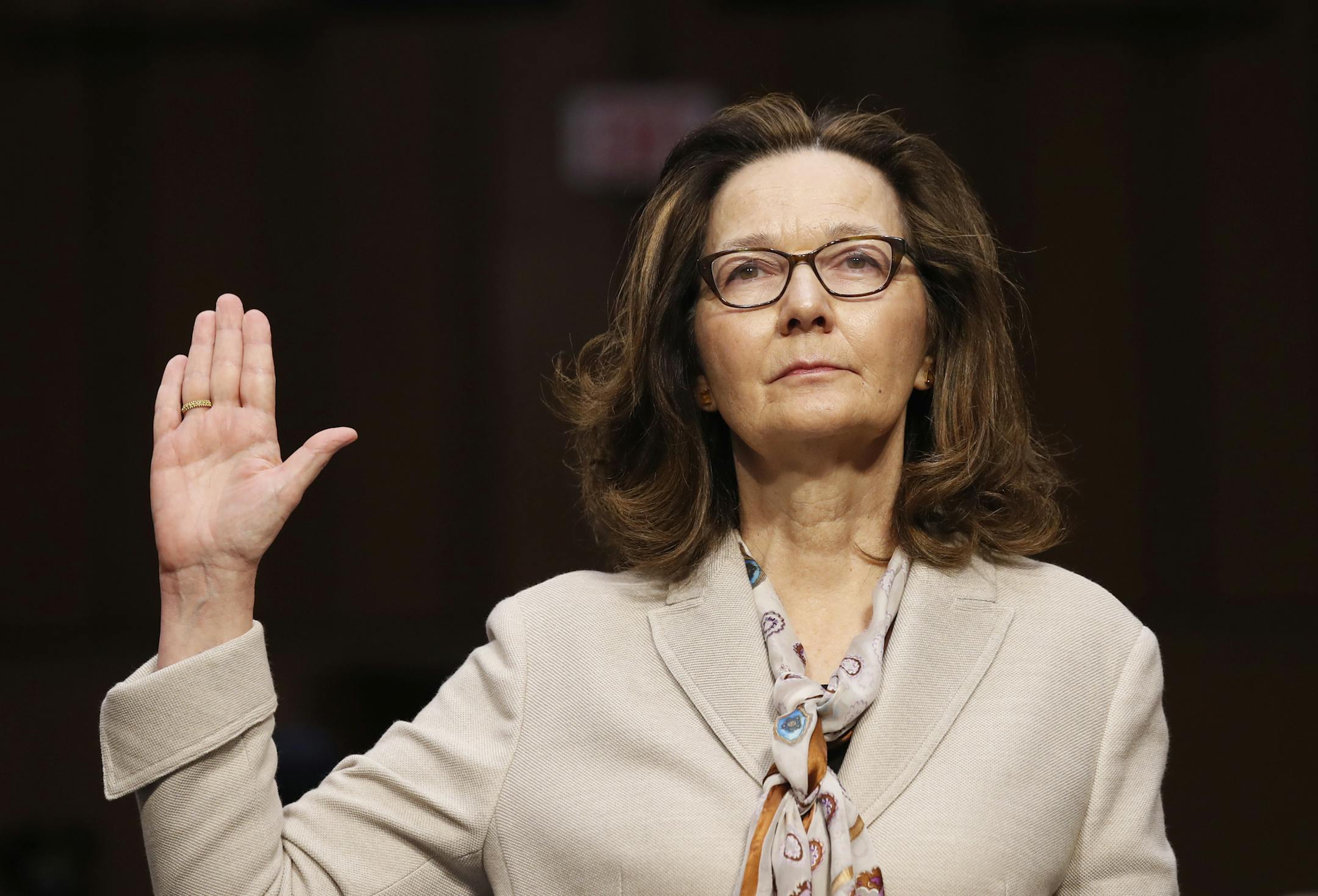 CIA nominee Gina Haspel is sworn in during a confirmation hearing of the Senate Intelligence Committee on Capitol Hill, Wednesday, May 9, 2018 in Washington. (AP Photo/Alex Brandon)