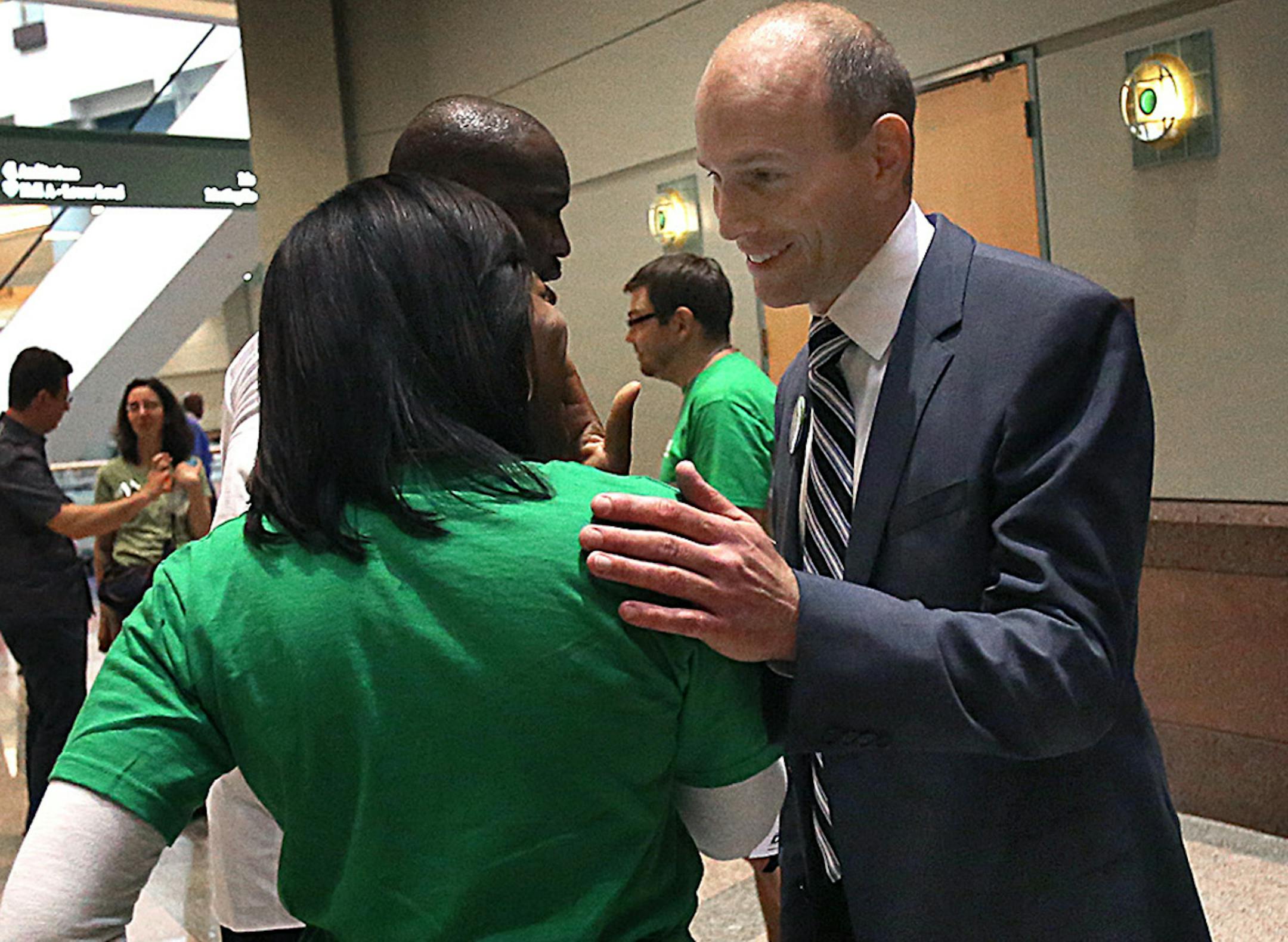 Mayoral candidate Gary Schiff greeted delegates, alternates and others during a at the DFL endorsing convention June 15, 2013.