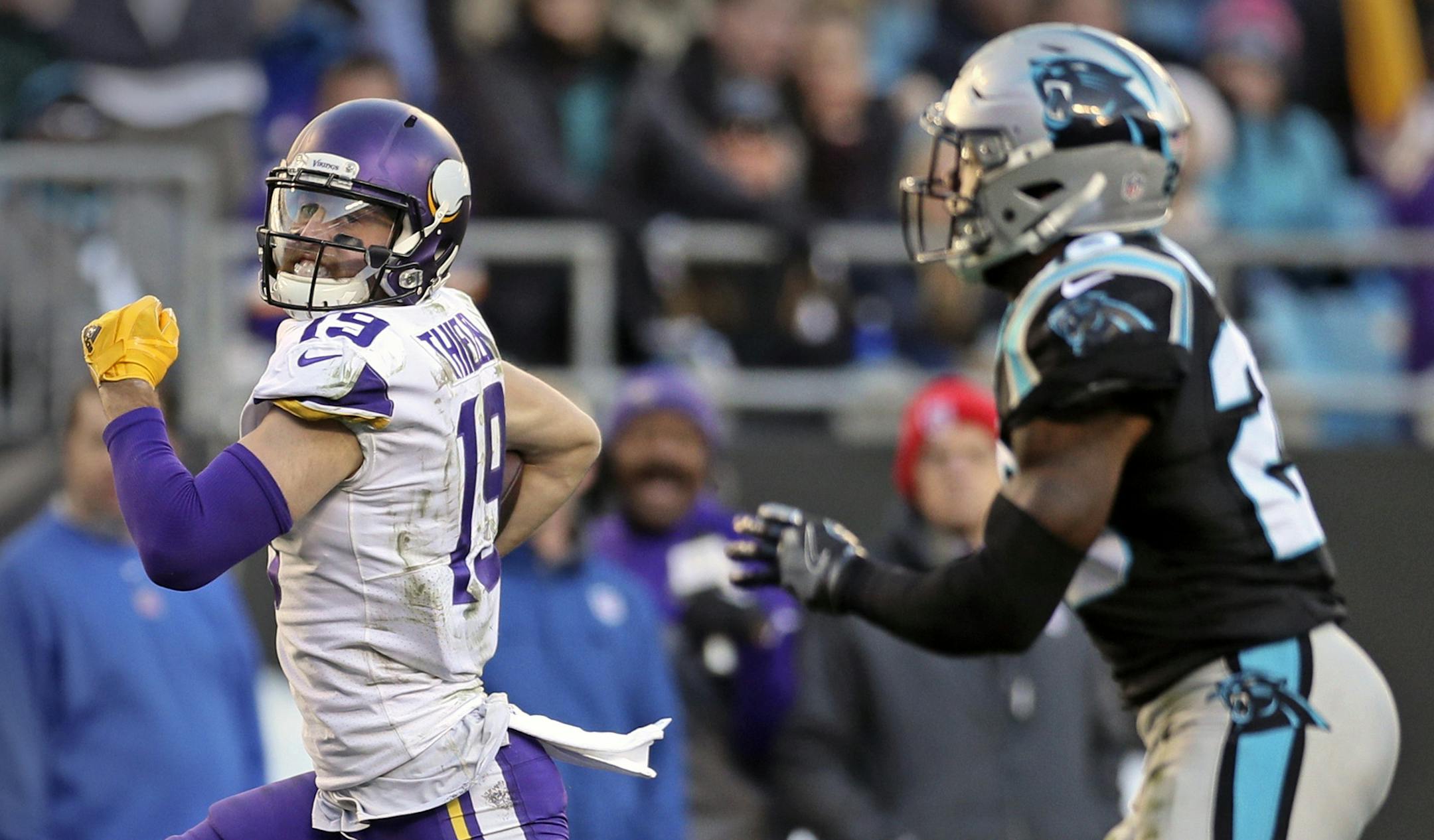 Vikings Adam Thielen breaks away from Panthers Mike Adams on his way to a 52 yard TD after a short pass from Case Keenum in the 4th quarter. ] Minnesota Vikings vs Carolina Panthers - Bank of America Stadium
BRIAN PETERSON ï brian.peterson@startribune.com
Charlotte, NC 12/10/2017